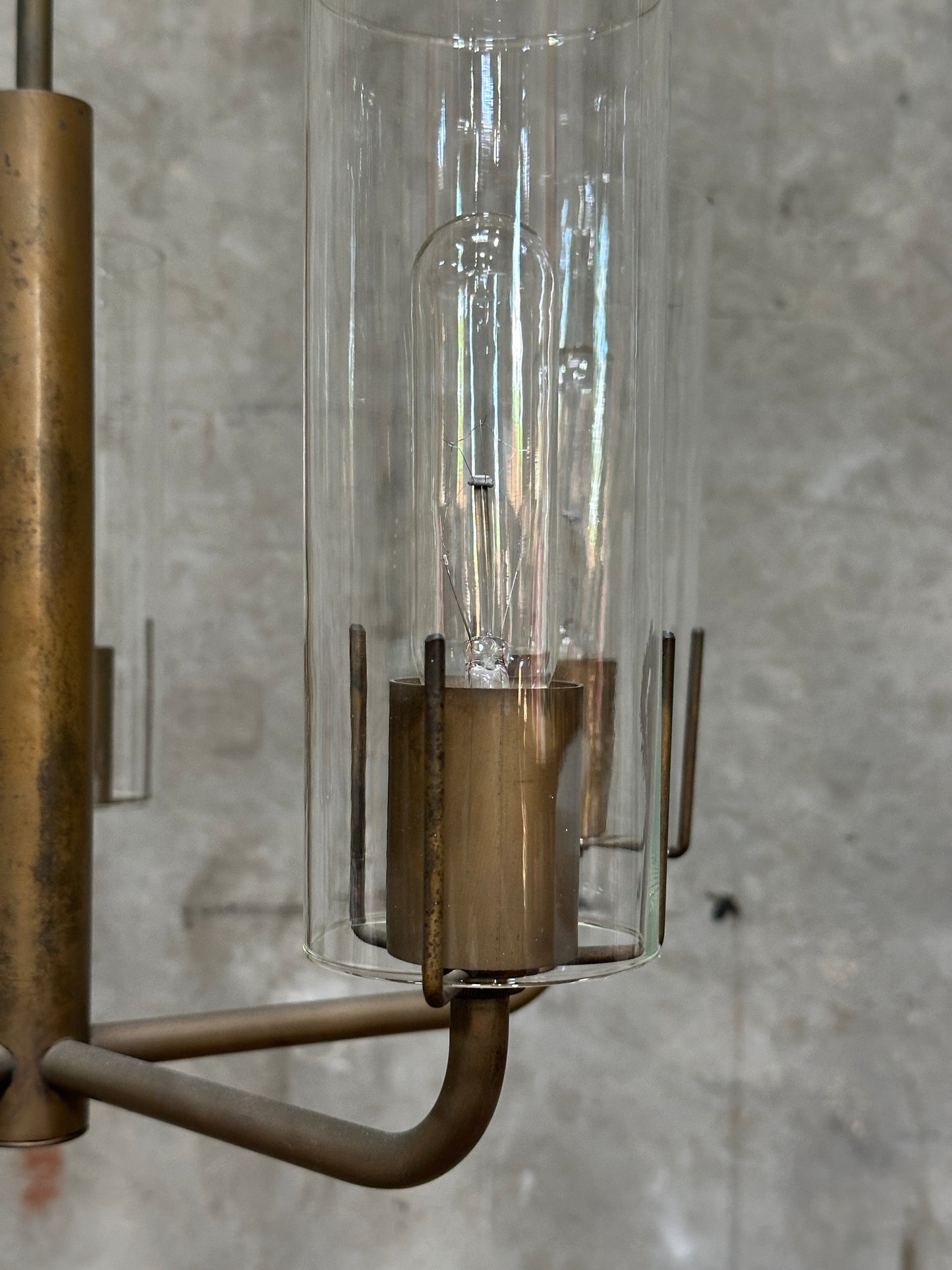 Vintage 1980s Italian-Style Brass 6-Light Pendant Chandelier, Glass Cylinder Shades, US-Listed (UL) — 1 of 2 Available, Sold Individually