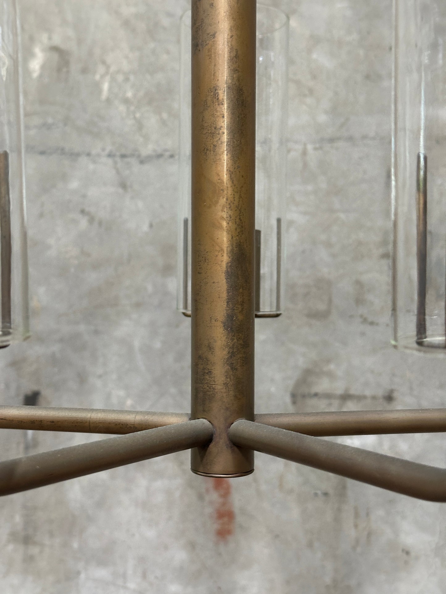 Vintage 1980s Italian-Style Brass 6-Light Pendant Chandelier, Glass Cylinder Shades, US-Listed (UL) — 1 of 2 Available, Sold Individually
