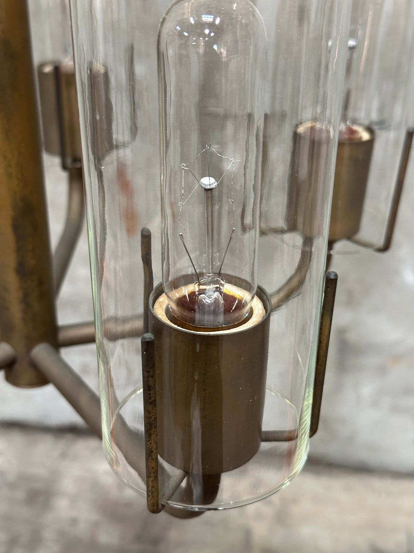 Vintage 1980s Italian-Style Brass 6-Light Pendant Chandelier, Glass Cylinder Shades, US-Listed (UL) — 1 of 2 Available, Sold Individually