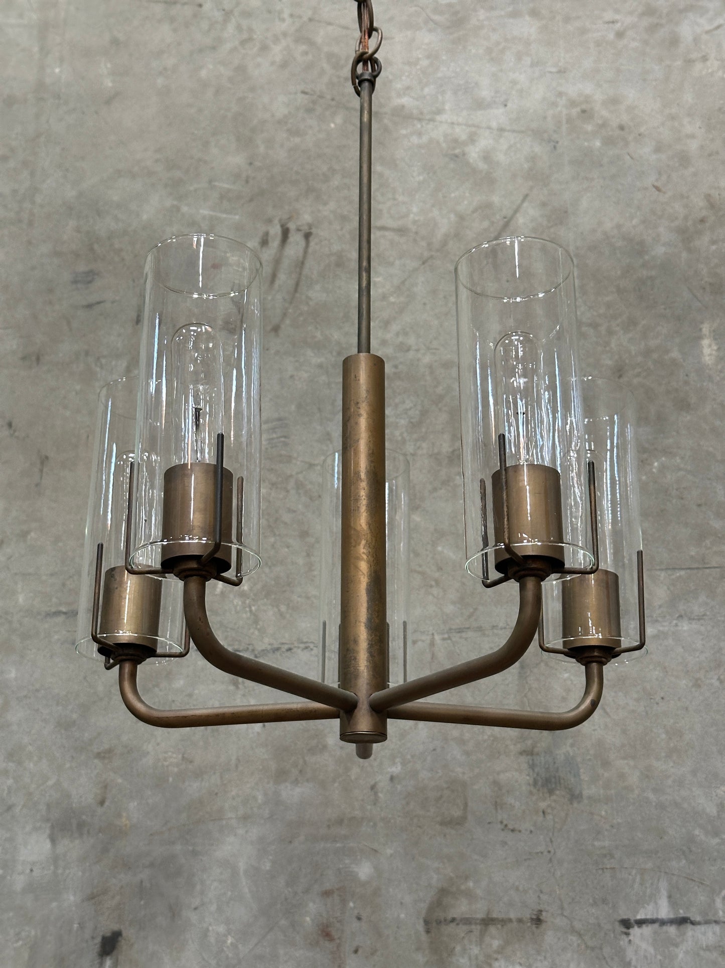 Vintage 1980s Italian-Style Brass 6-Light Pendant Chandelier, Glass Cylinder Shades, US-Listed (UL) — 1 of 2 Available, Sold Individually