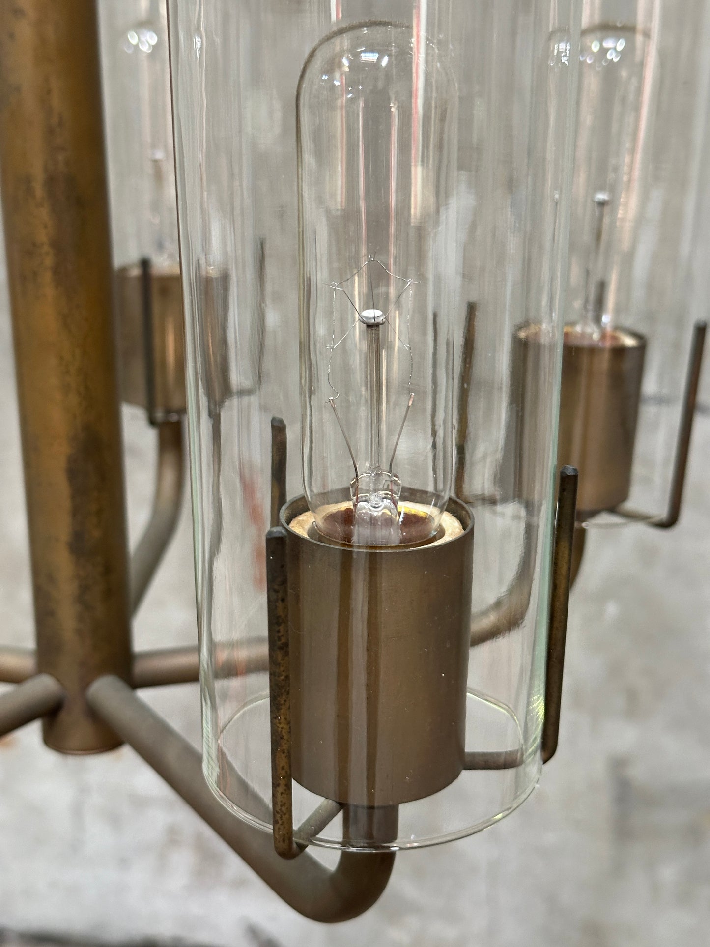 Vintage 1980s Italian-Style Brass 6-Light Pendant Chandelier, Glass Cylinder Shades, US-Listed (UL) — 1 of 2 Available, Sold Individually