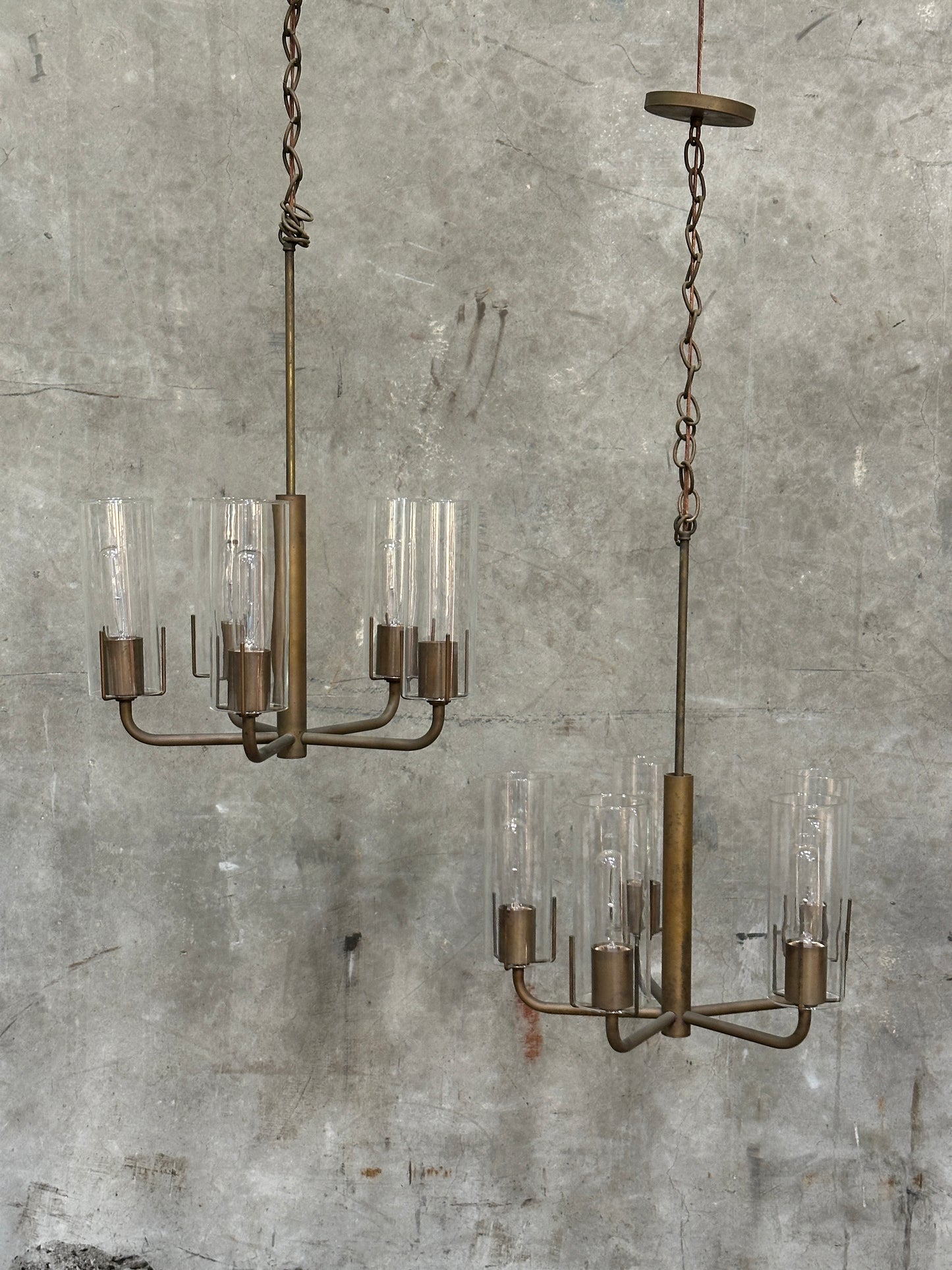 Vintage 1980s Italian-Style Brass 6-Light Pendant Chandelier, Glass Cylinder Shades, US-Listed (UL) — 1 of 2 Available, Sold Individually