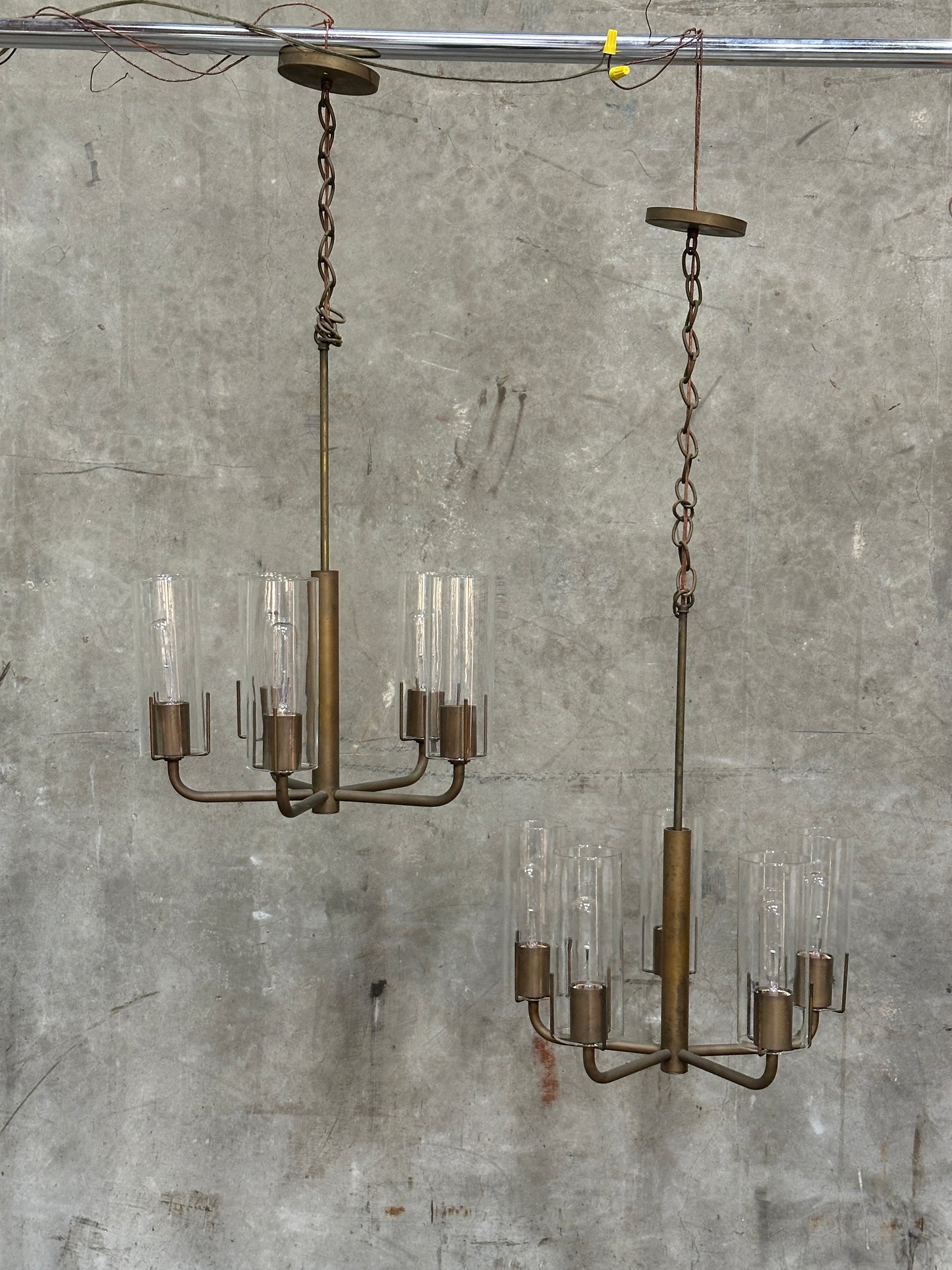 Vintage 1980s Italian-Style Brass 6-Light Pendant Chandelier, Glass Cylinder Shades, US-Listed (UL) — 1 of 2 Available, Sold Individually