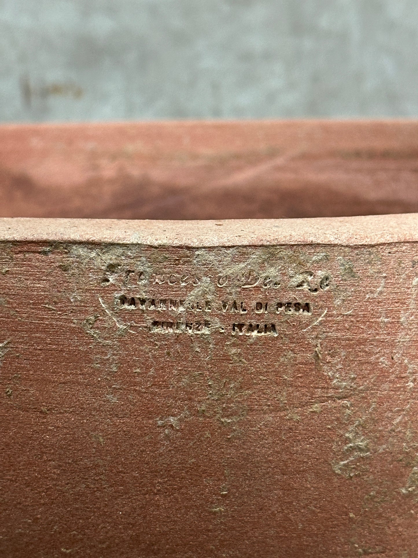 Francesco Del Re Italian Terracotta Low Cachepot Planter, Caspò Basso, 19 Inch, Weathered Patina