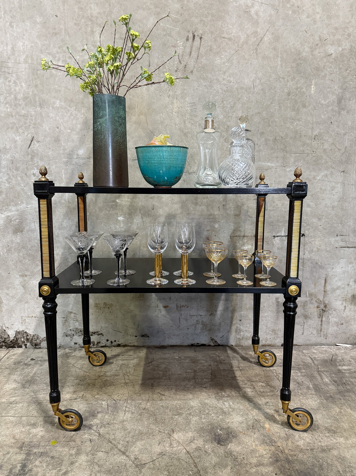 1940s Regency Ebonized & Bronze-Mounted Drinks Cart — In the Manner of Maison Jansen, Paris