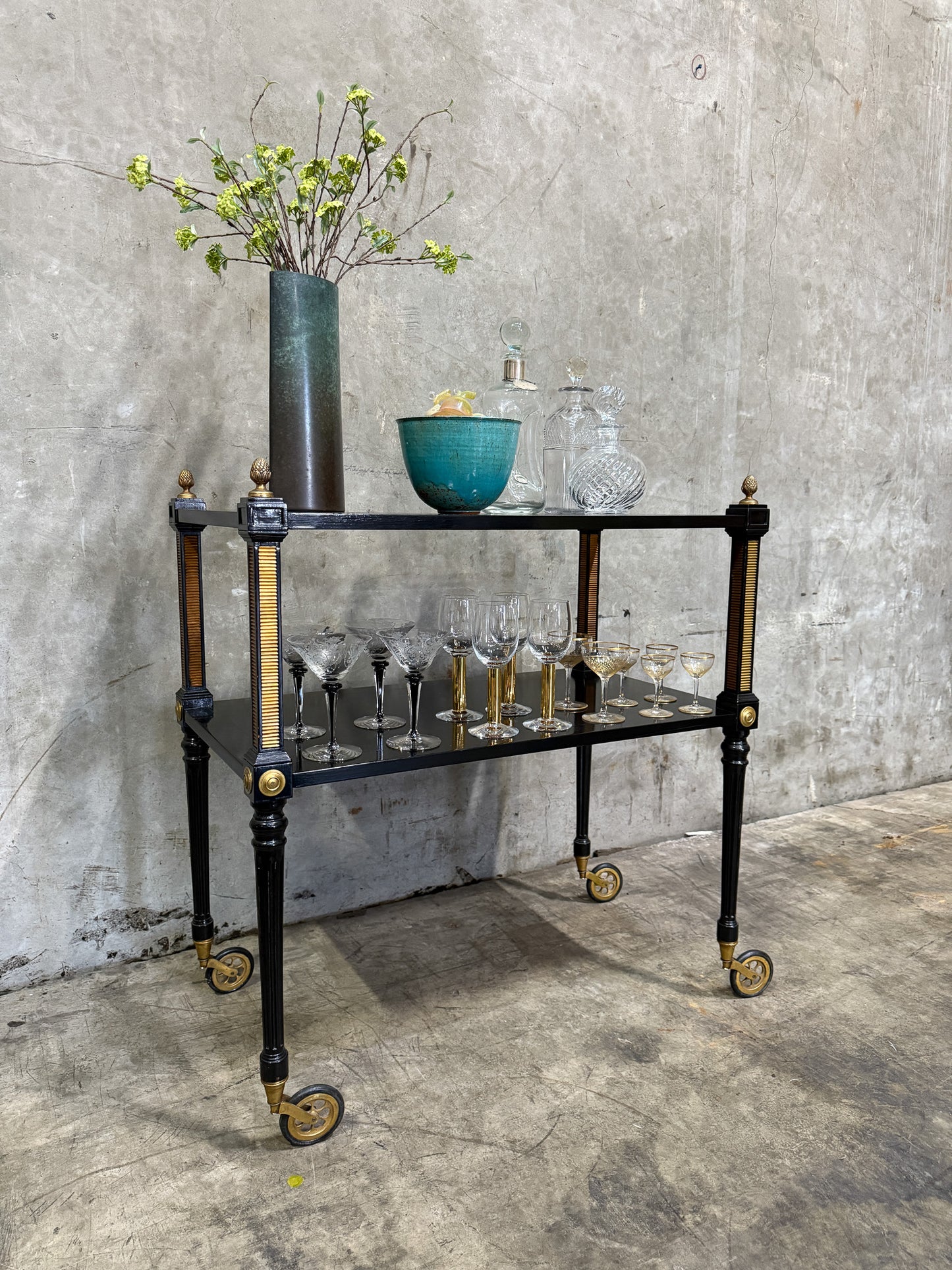 1940s Regency Ebonized & Bronze-Mounted Drinks Cart — In the Manner of Maison Jansen, Paris