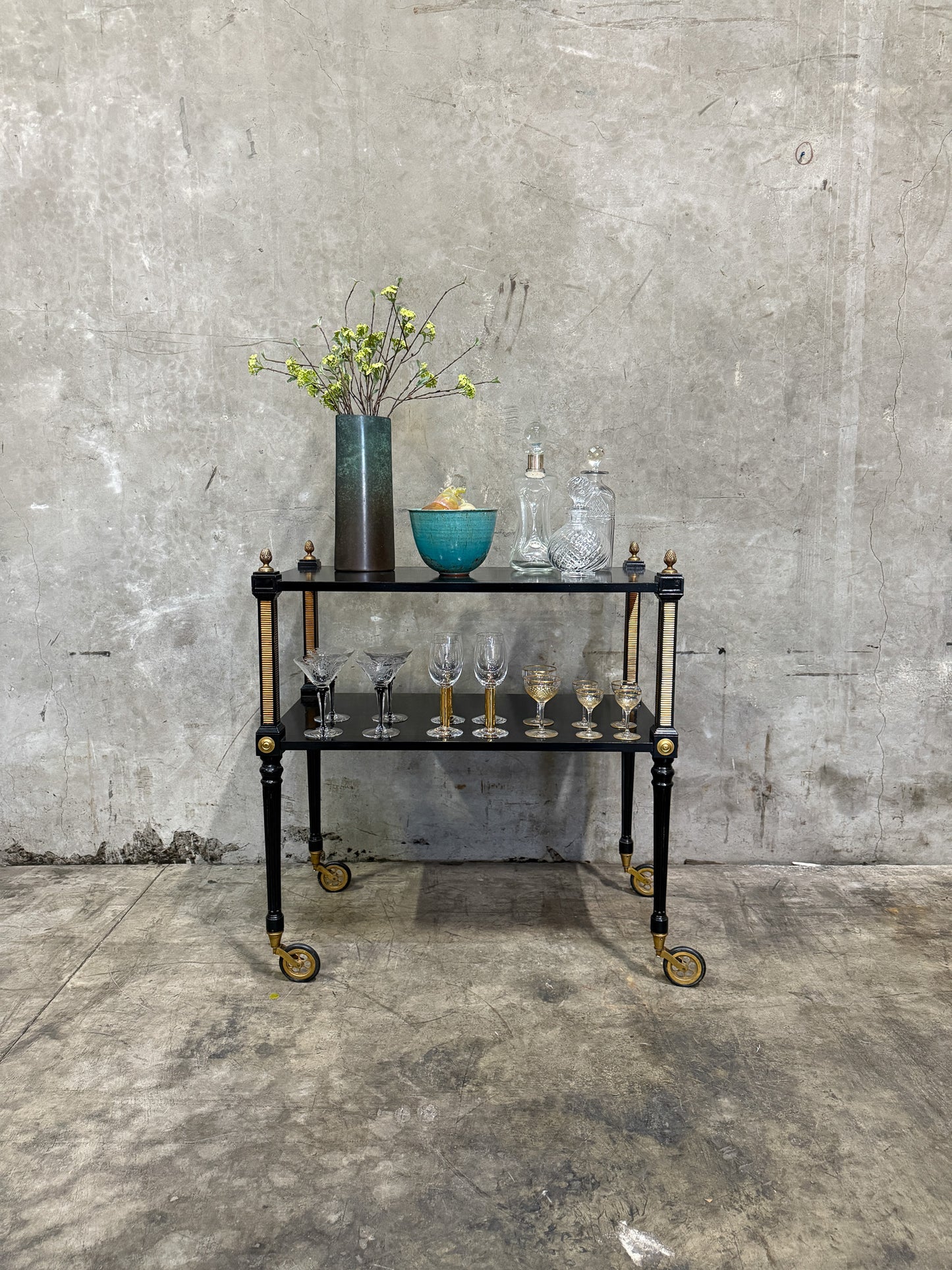 1940s Regency Ebonized & Bronze-Mounted Drinks Cart — In the Manner of Maison Jansen, Paris