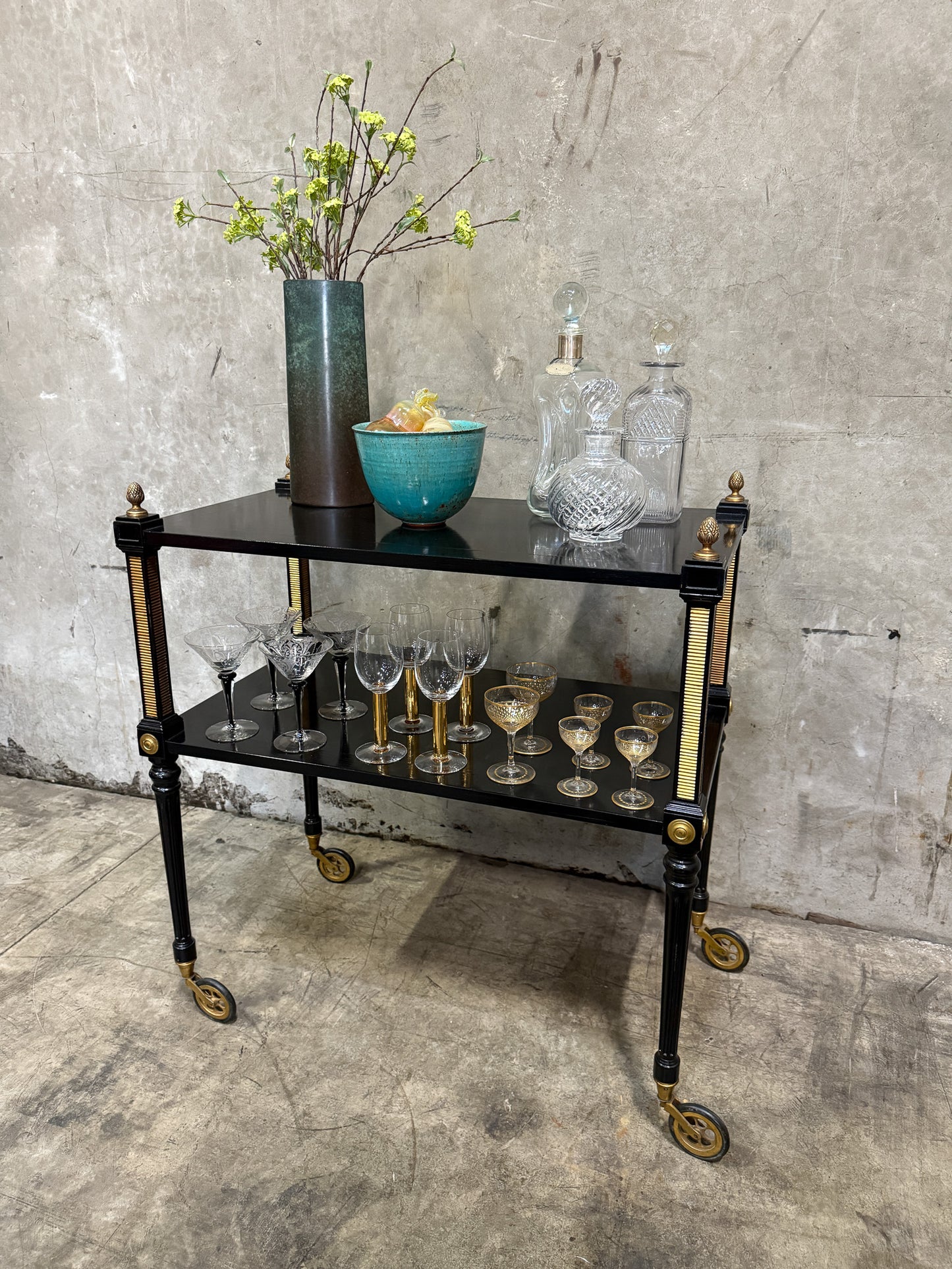 1940s Regency Ebonized & Bronze-Mounted Drinks Cart — In the Manner of Maison Jansen, Paris