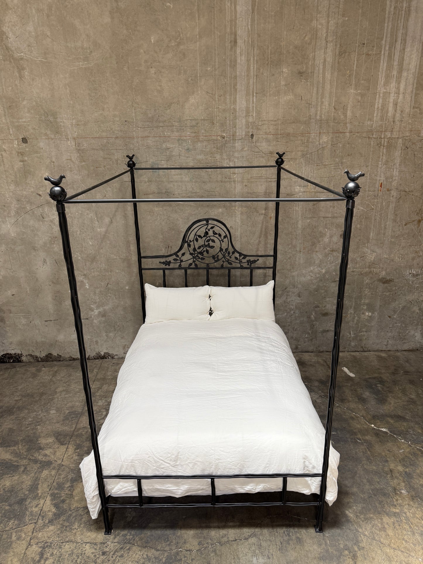 1990s Corsicana Iron Twiggy Canopy Bed – Queen Size with Bird Finials Stunning