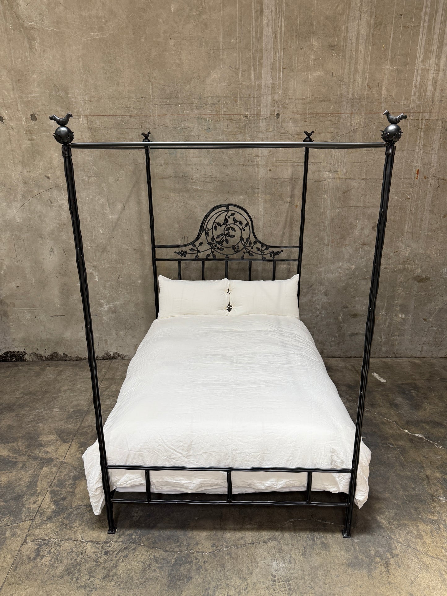 1990s Corsicana Iron Twiggy Canopy Bed – Queen Size with Bird Finials Stunning