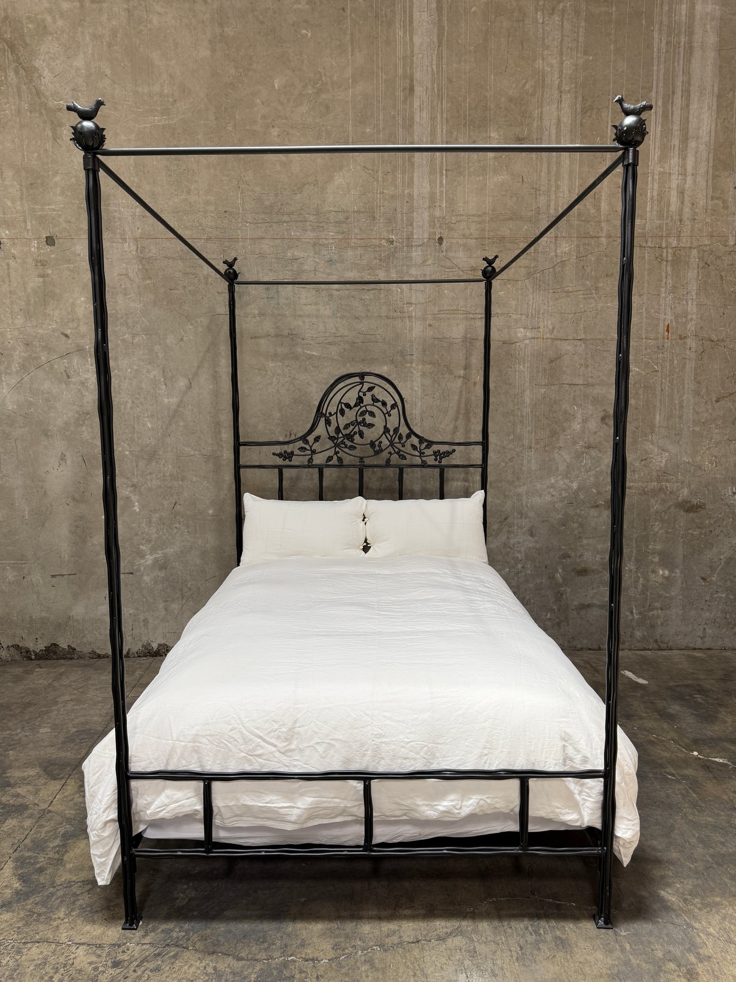 1990s Corsicana Iron Twiggy Canopy Bed – Queen Size with Bird Finials Stunning