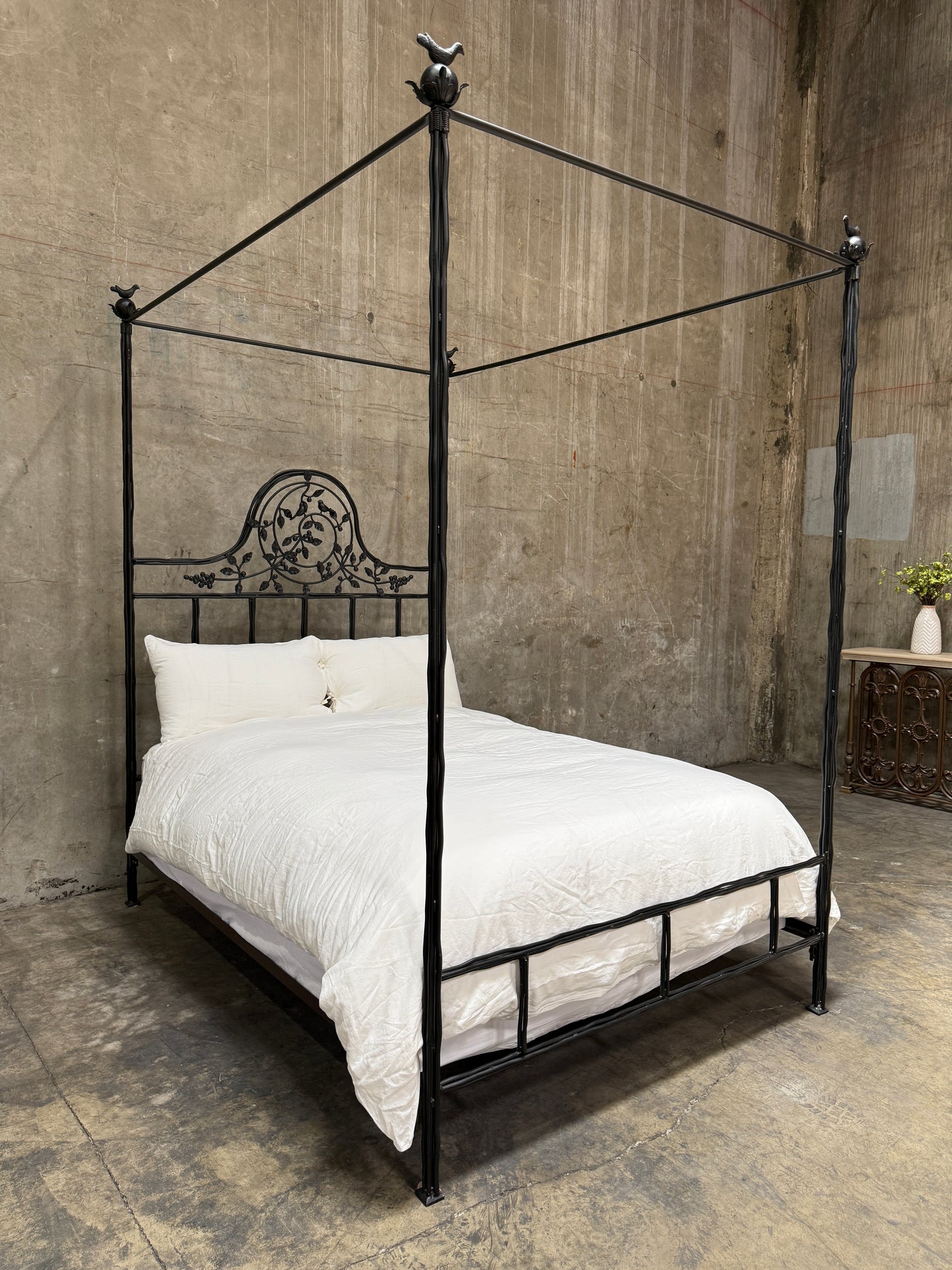 1990s Corsicana Iron Twiggy Canopy Bed – Queen Size with Bird Finials Stunning