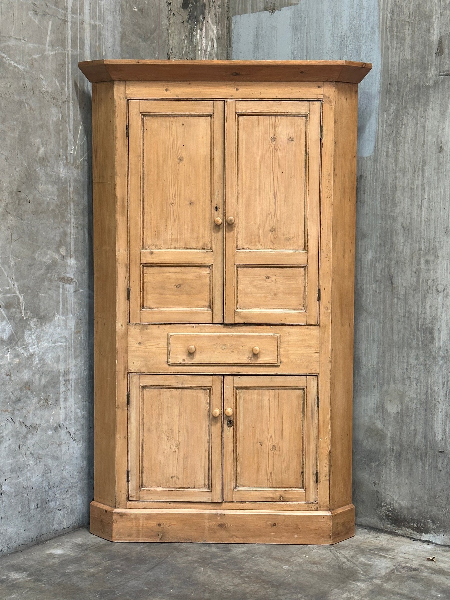 Antique French Country Pine Corner Cupboard, Original Bare-Wood Surface, Hand-Forged Lock, c. 1850-1880