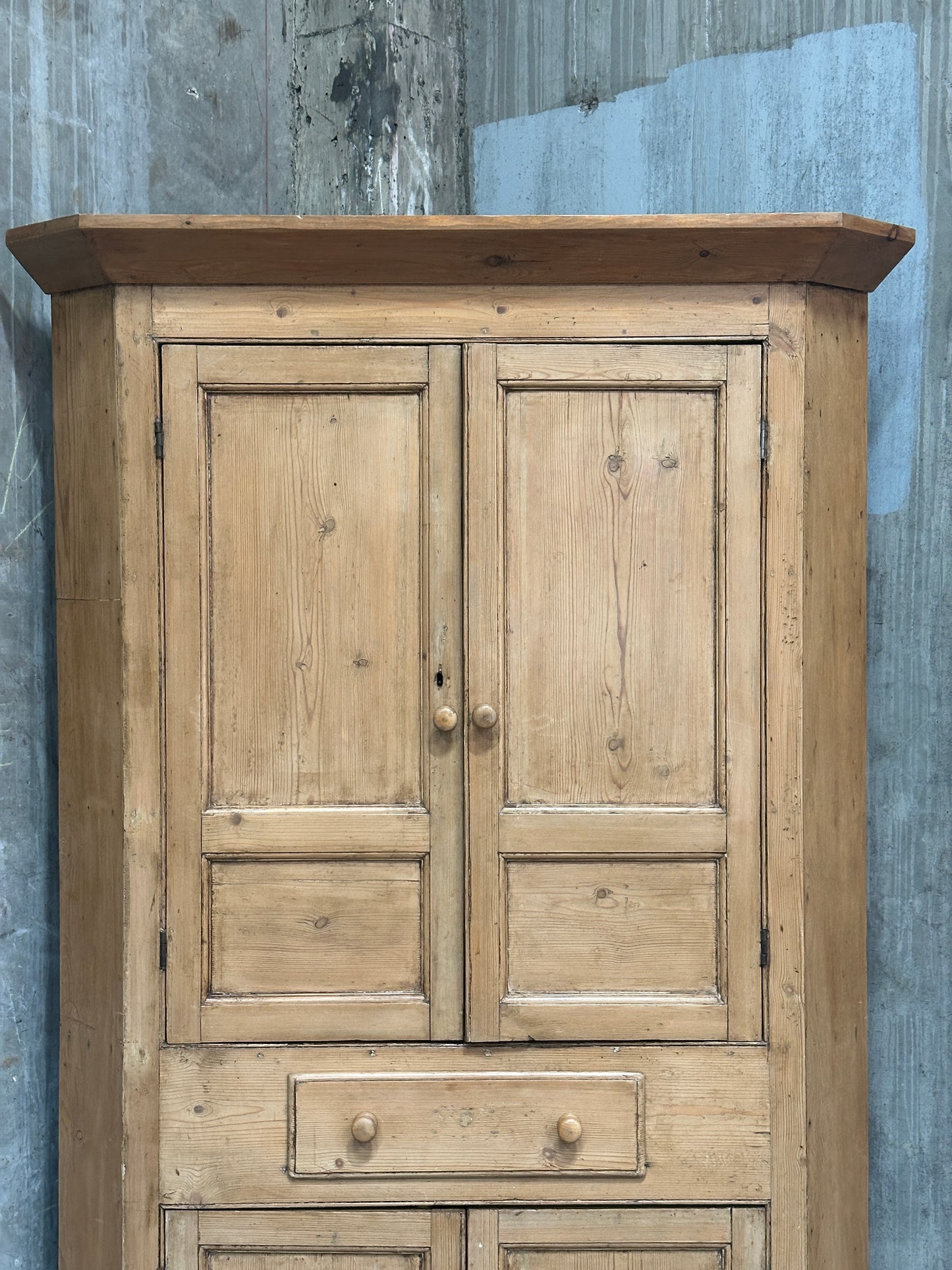 Antique French Country Pine Corner Cupboard, Original Bare-Wood Surface, Hand-Forged Lock, c. 1850-1880