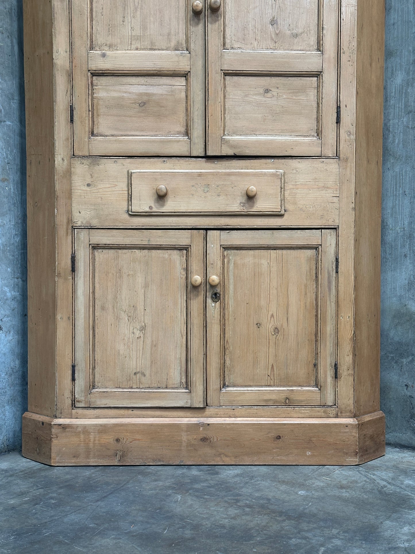 Antique French Country Pine Corner Cupboard, Original Bare-Wood Surface, Hand-Forged Lock, c. 1850-1880