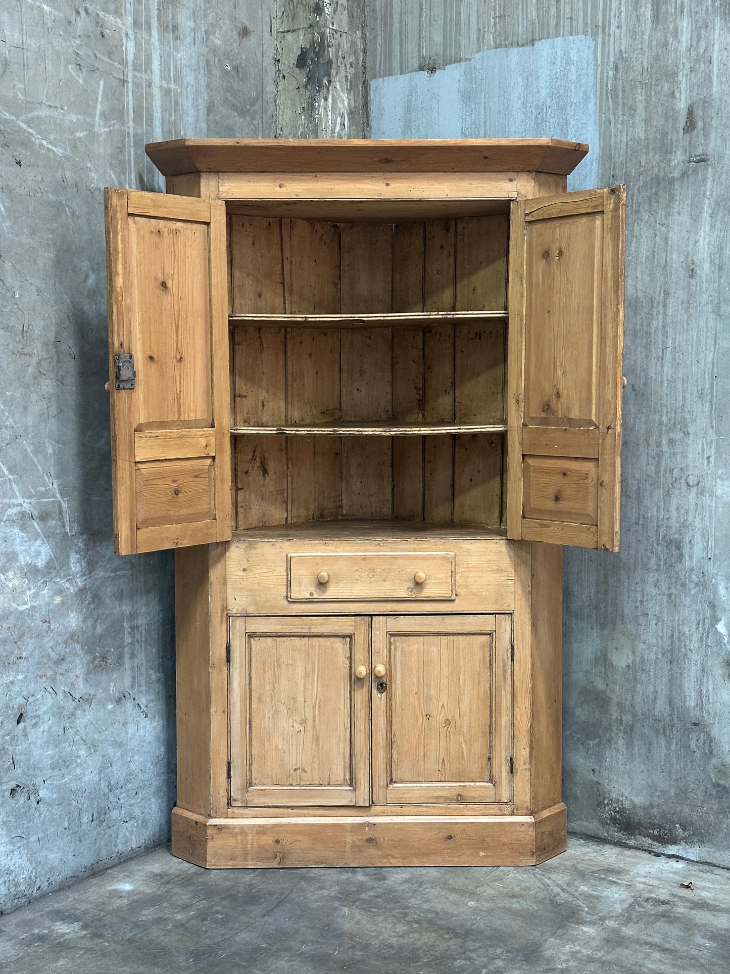 Antique French Country Pine Corner Cupboard, Original Bare-Wood Surface, Hand-Forged Lock, c. 1850-1880