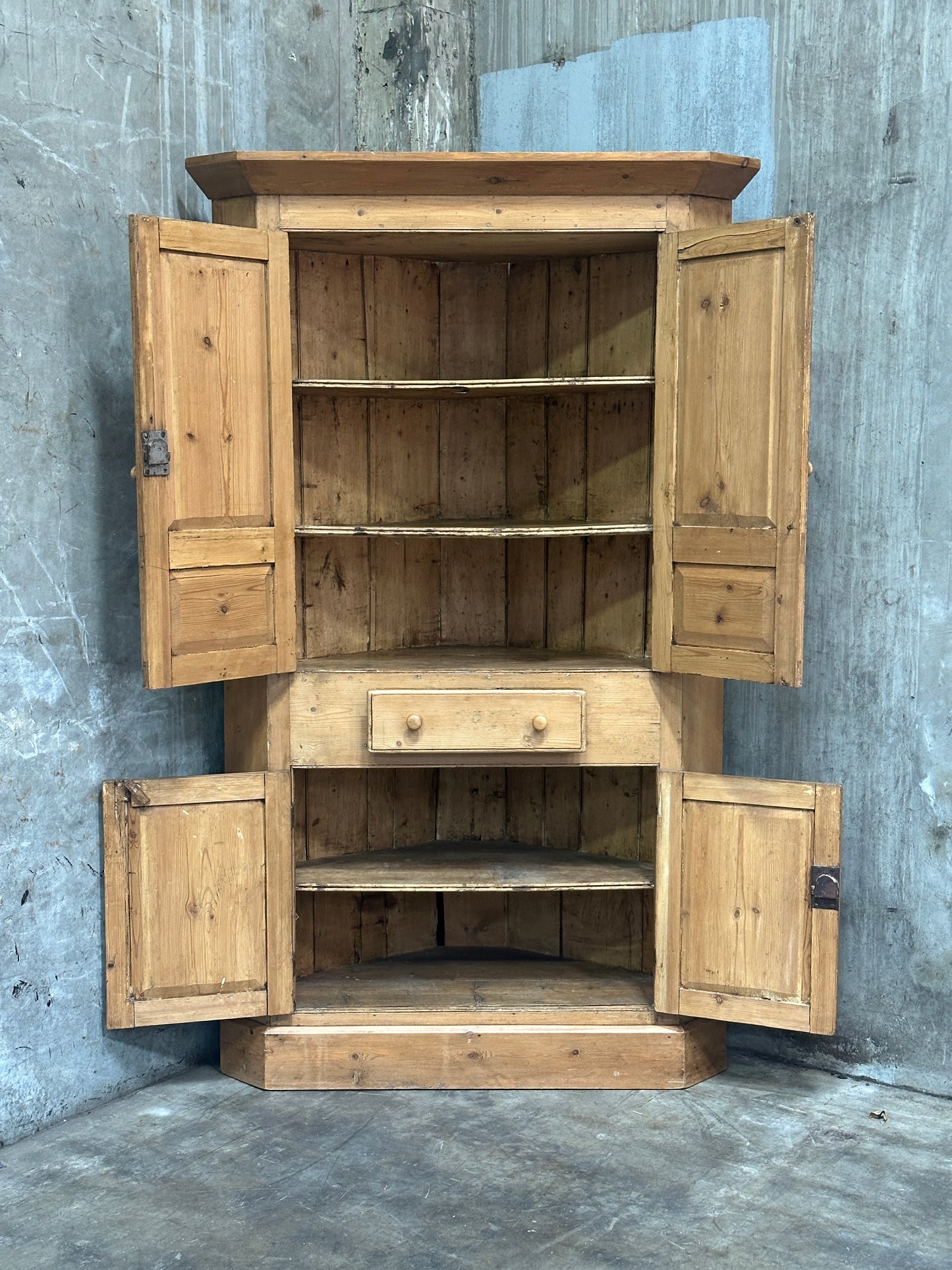 Antique French Country Pine Corner Cupboard, Original Bare-Wood Surface, Hand-Forged Lock, c. 1850-1880