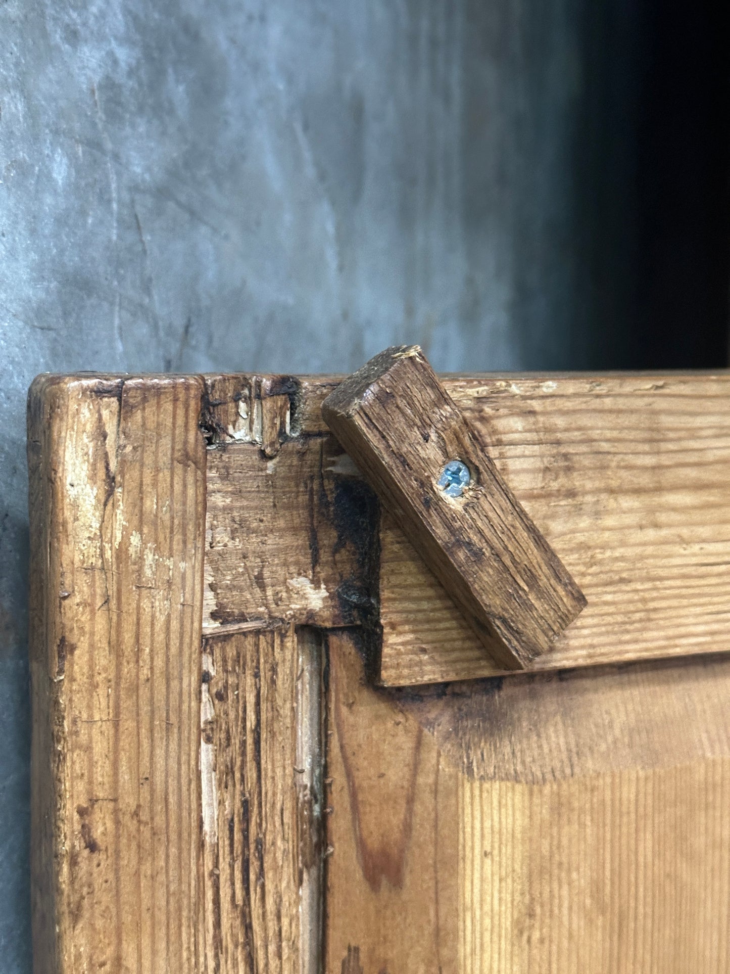 Antique French Country Pine Corner Cupboard, Original Bare-Wood Surface, Hand-Forged Lock, c. 1850-1880