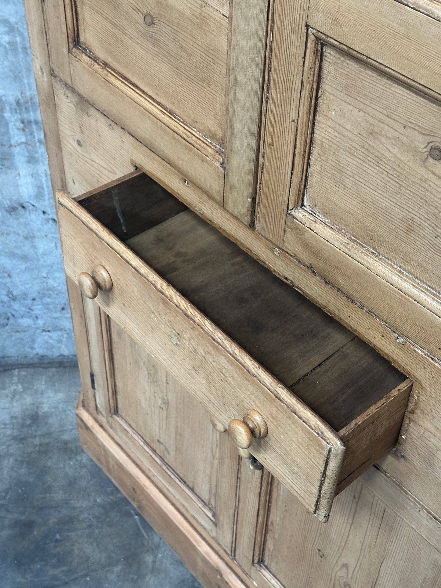 Antique French Country Pine Corner Cupboard, Original Bare-Wood Surface, Hand-Forged Lock, c. 1850-1880