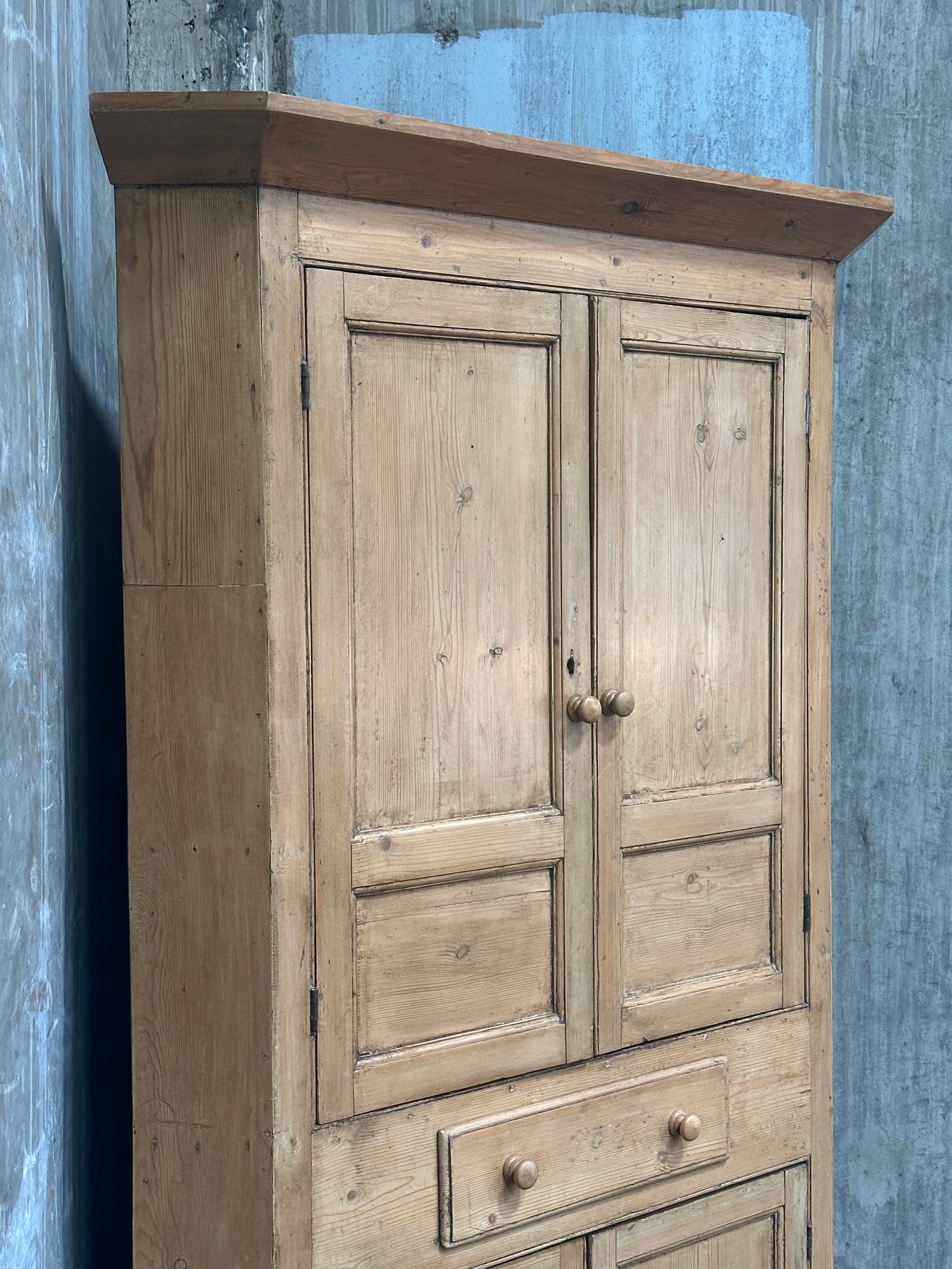 Antique French Country Pine Corner Cupboard, Original Bare-Wood Surface, Hand-Forged Lock, c. 1850-1880