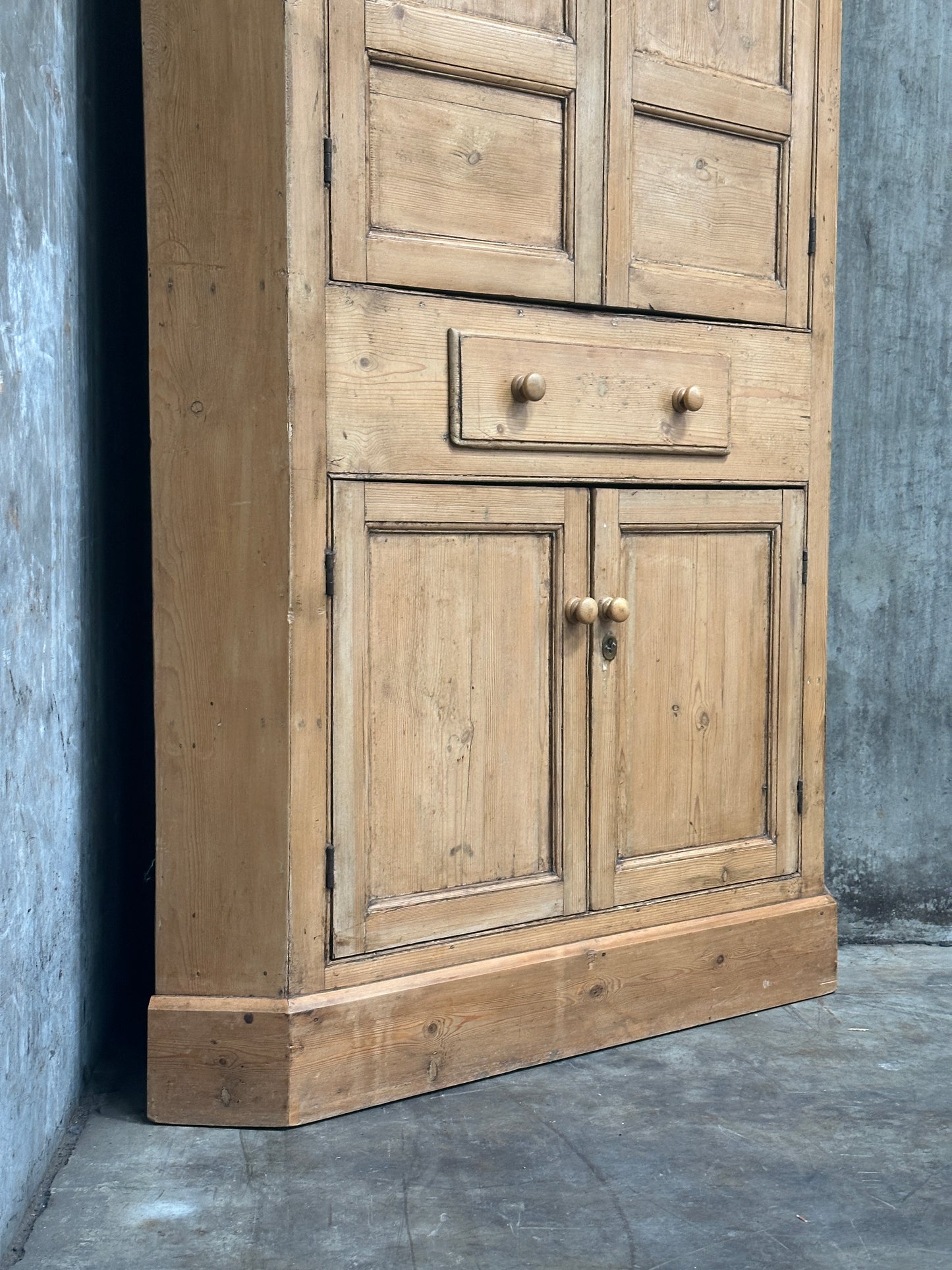 Antique French Country Pine Corner Cupboard, Original Bare-Wood Surface, Hand-Forged Lock, c. 1850-1880