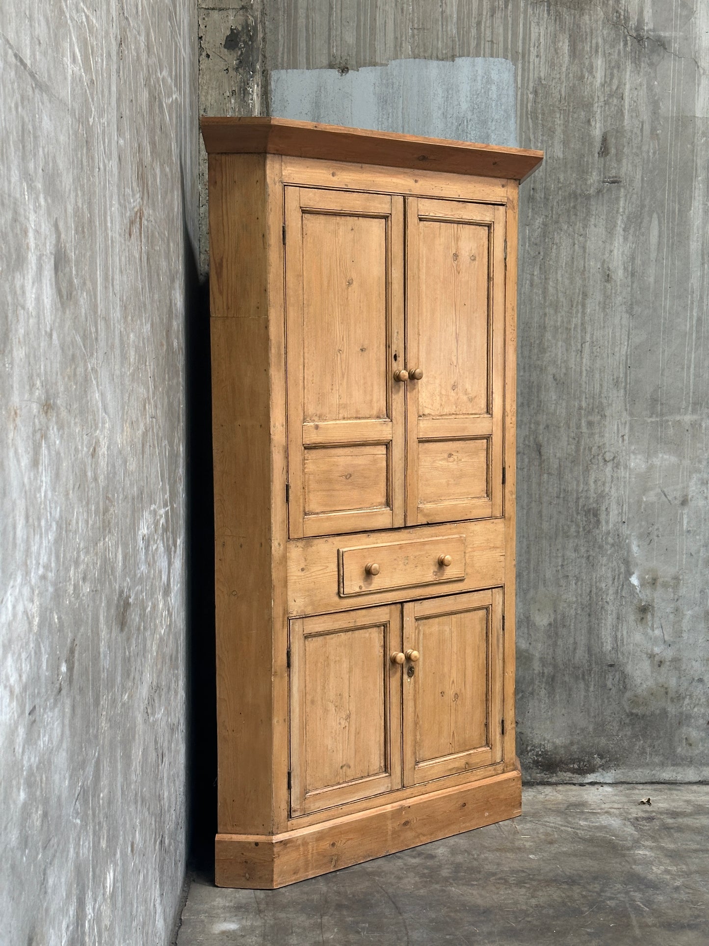 Antique French Country Pine Corner Cupboard, Original Bare-Wood Surface, Hand-Forged Lock, c. 1850-1880
