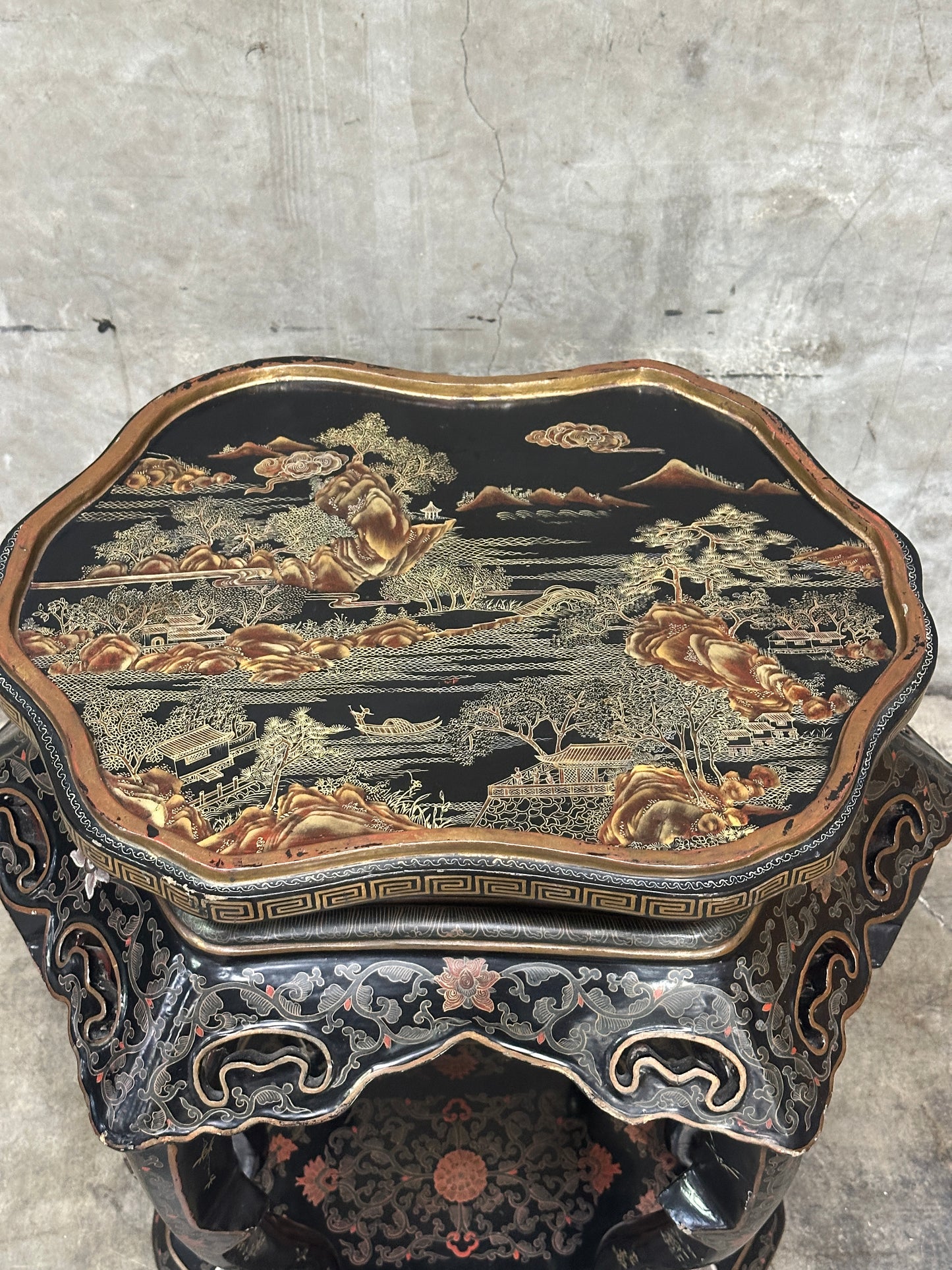 Antique Chinese Carved Hardwood Jardiniere Stand, Black Lacquer, Late Qing / Republic, Kilbridge Provenance