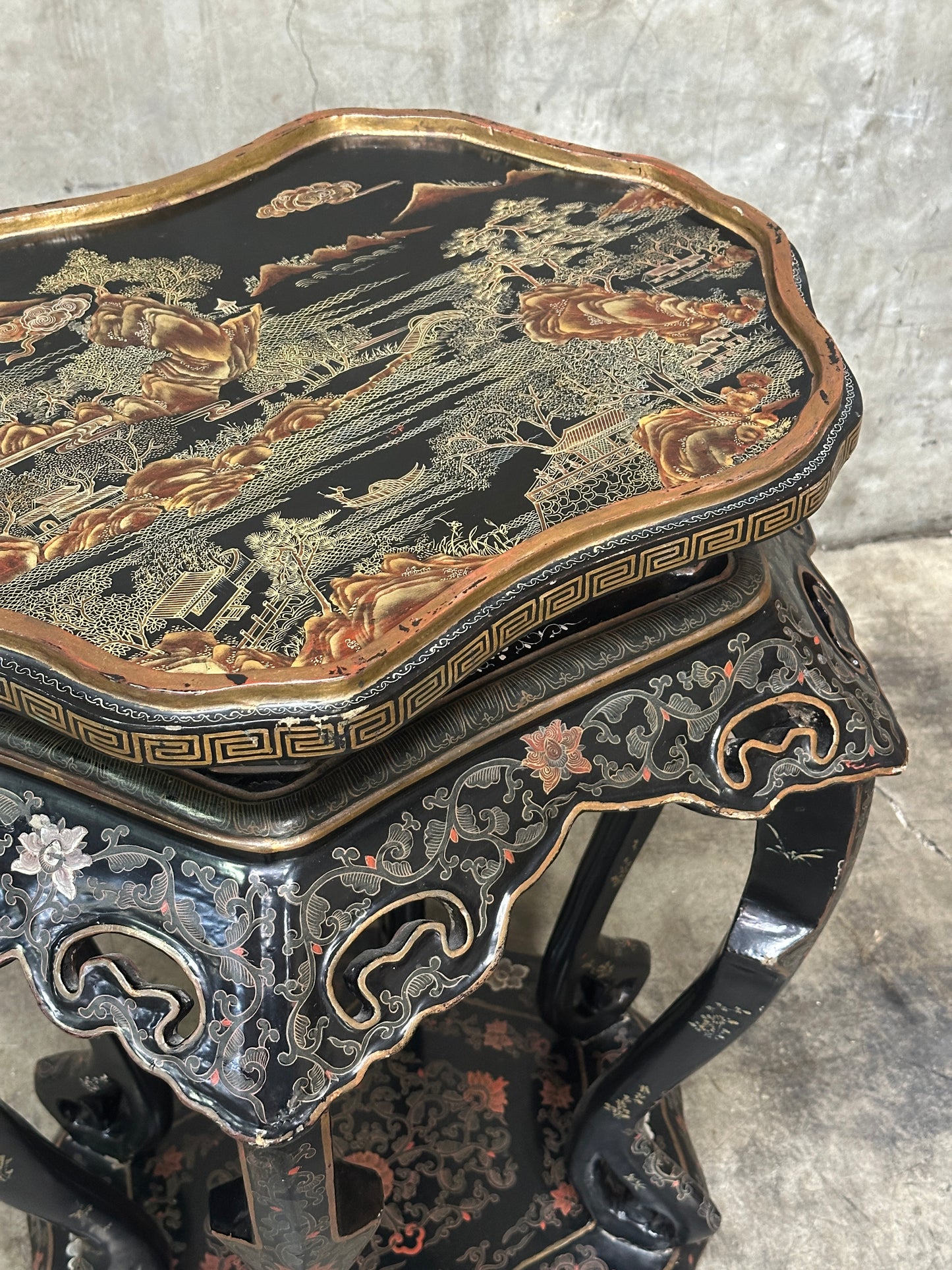 Antique Chinese Carved Hardwood Jardiniere Stand, Black Lacquer, Late Qing / Republic, Kilbridge Provenance