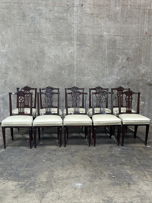 Set 10 Antique English Chippendale Revival Mahogany Dining Chairs, Pierced Splat, c. 1890-1910