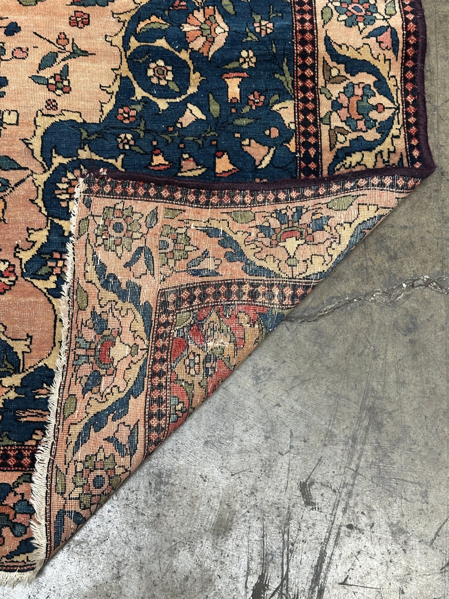 Antique Floral Oriental Rug, Hand-Knotted Wool, Coral & Navy, 4'5" x 6'7"
