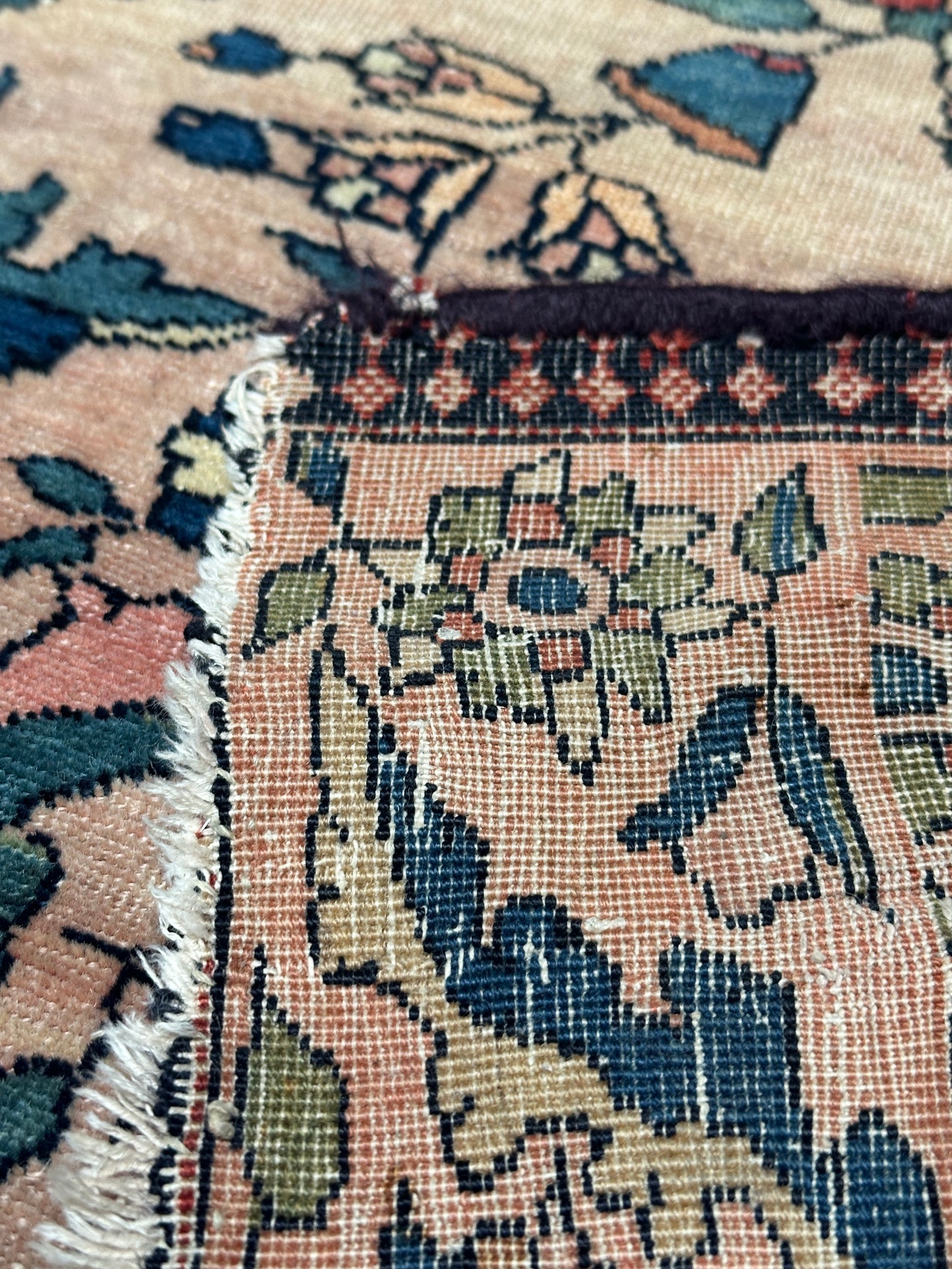 Antique Floral Oriental Rug, Hand-Knotted Wool, Coral & Navy, 4'5" x 6'7"