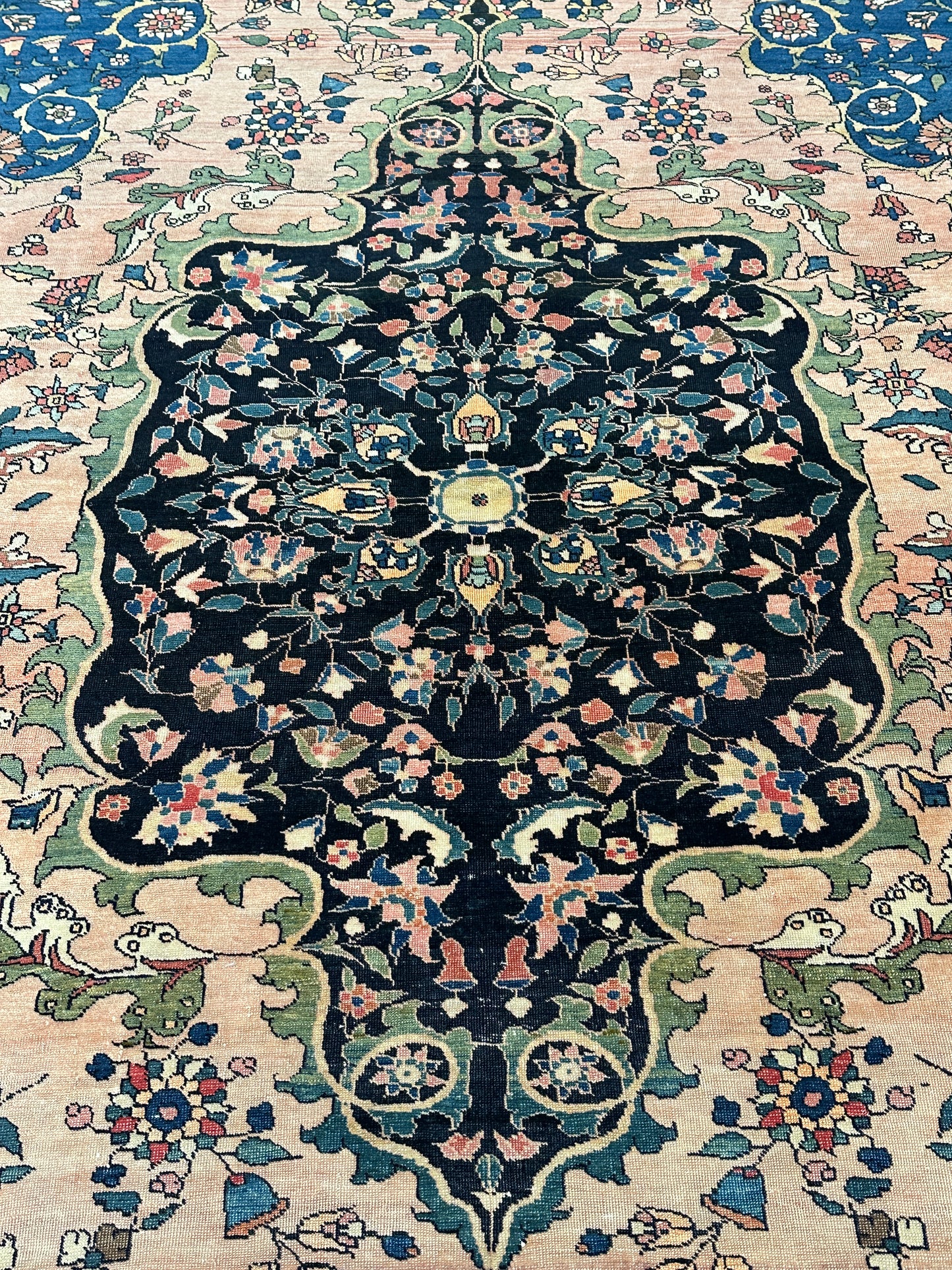 Antique Floral Oriental Rug, Hand-Knotted Wool, Coral & Navy, 4'5" x 6'7"