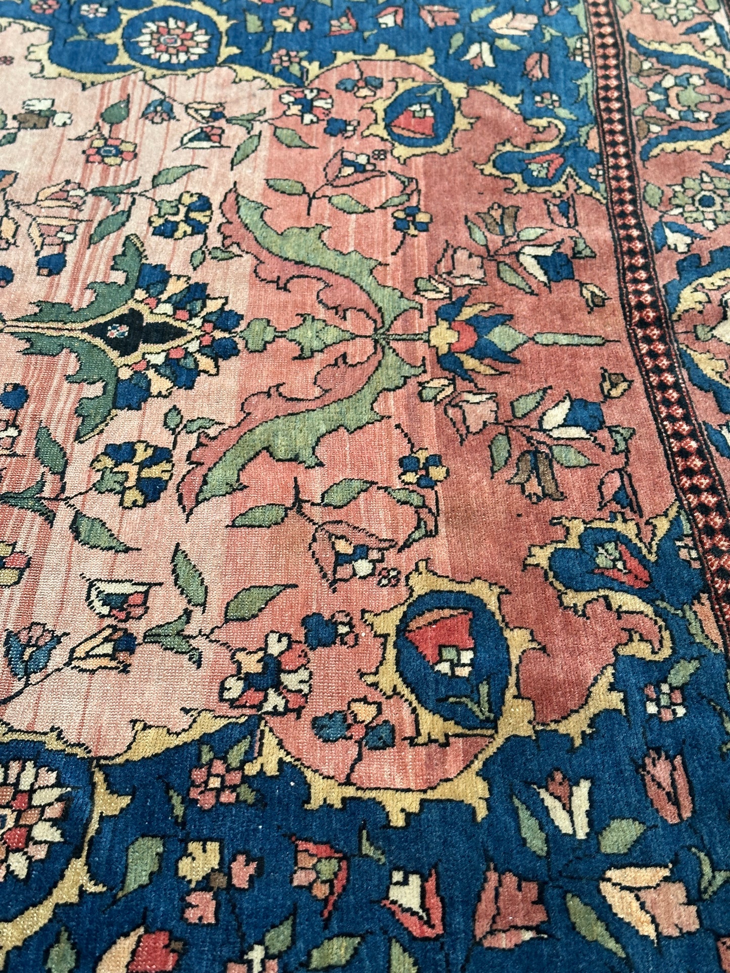 Antique Floral Oriental Rug, Hand-Knotted Wool, Coral & Navy, 4'5" x 6'7"
