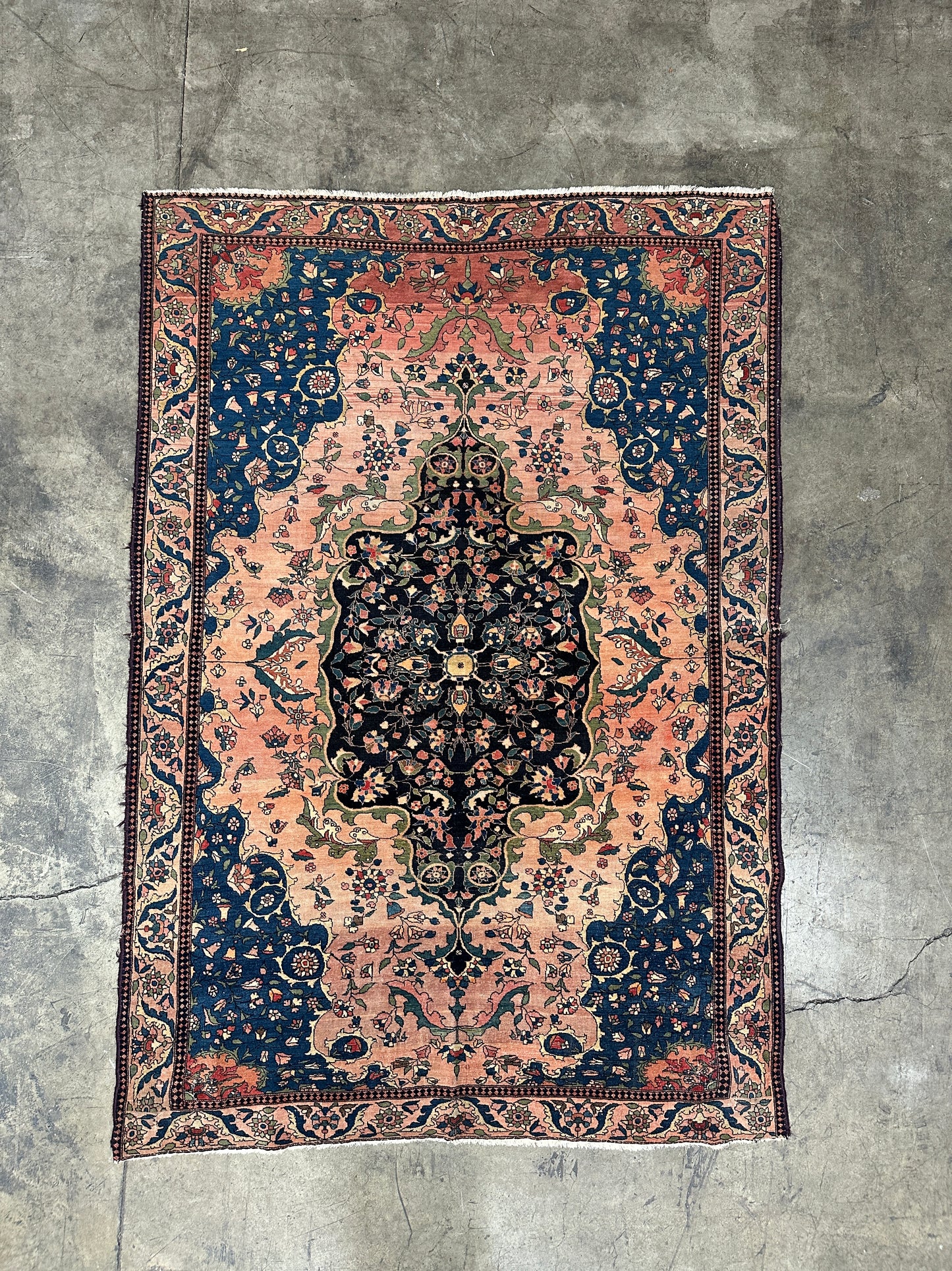 Antique Floral Oriental Rug, Hand-Knotted Wool, Coral & Navy, 4'5" x 6'7"