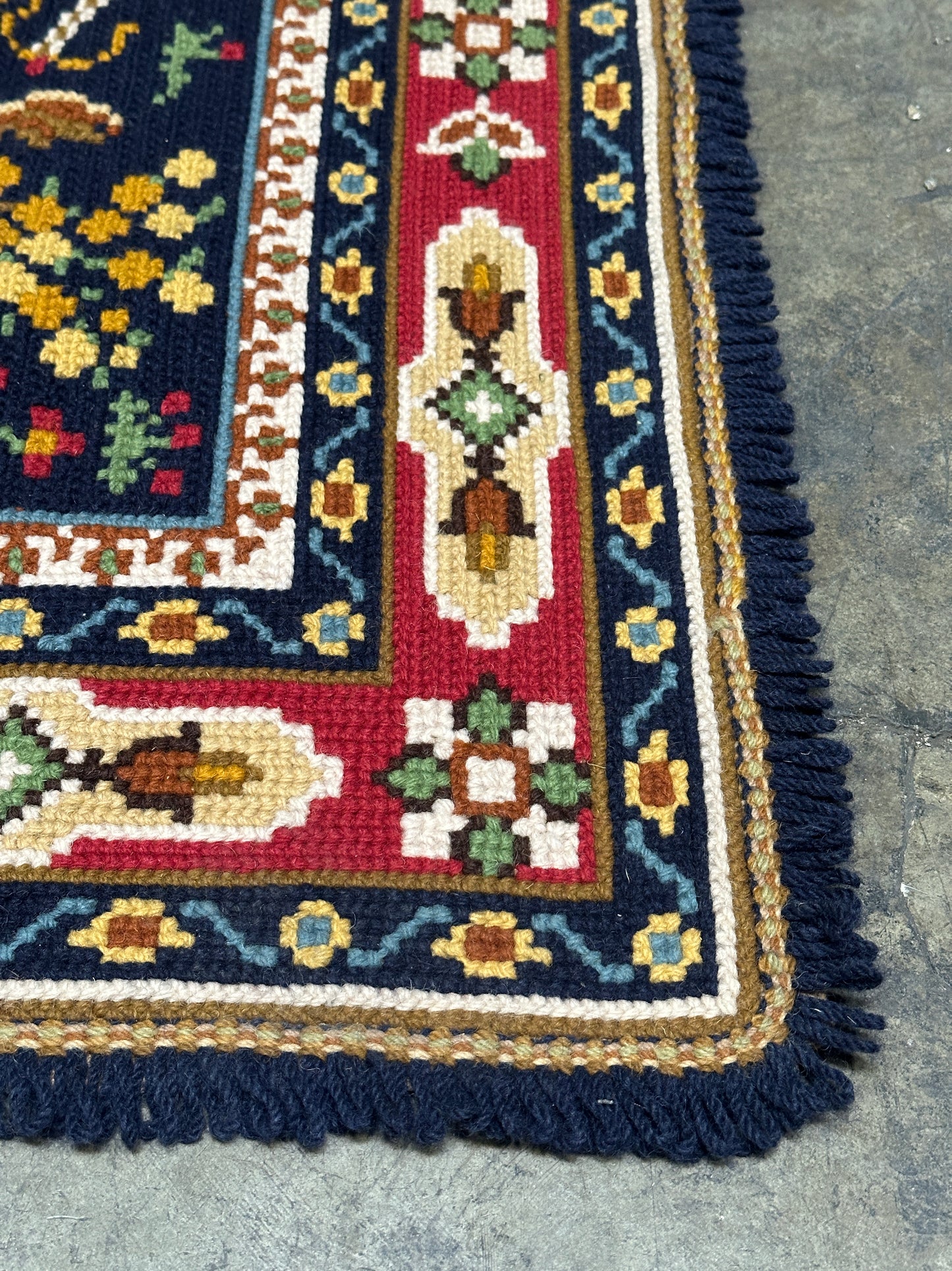 Antique Needlepoint Wool Rug, Figural & Floral, Navy & Red