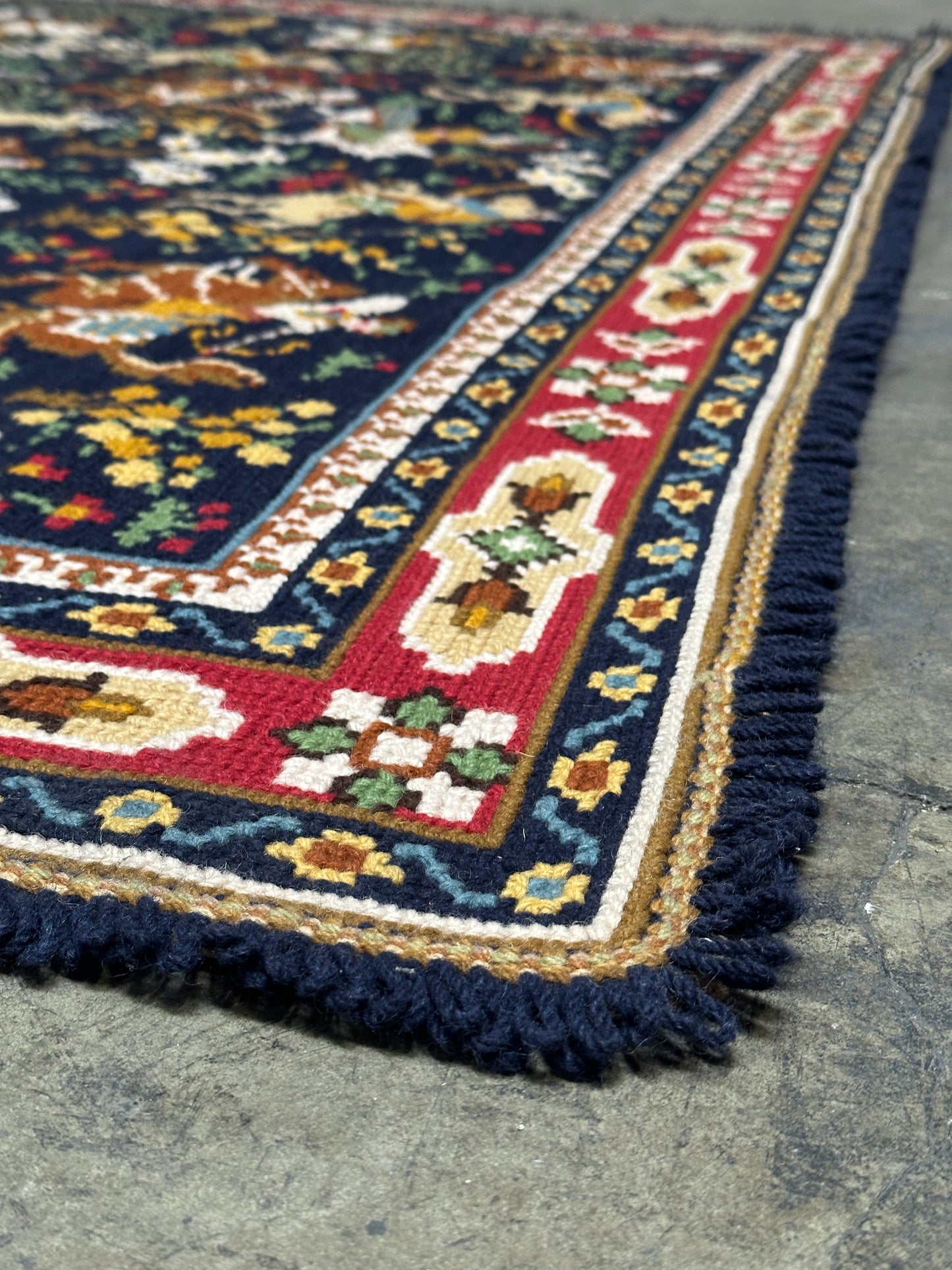 Antique Needlepoint Wool Rug, Figural & Floral, Navy & Red
