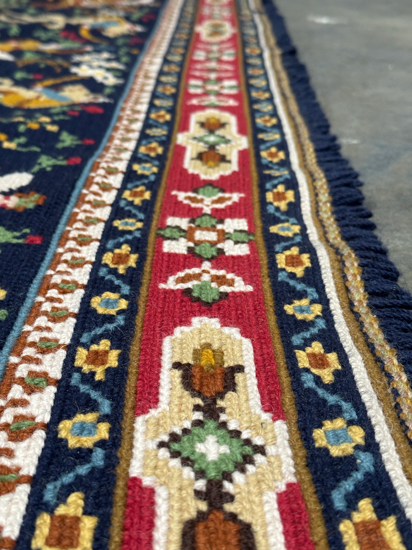 Antique Needlepoint Wool Rug, Figural & Floral, Navy & Red