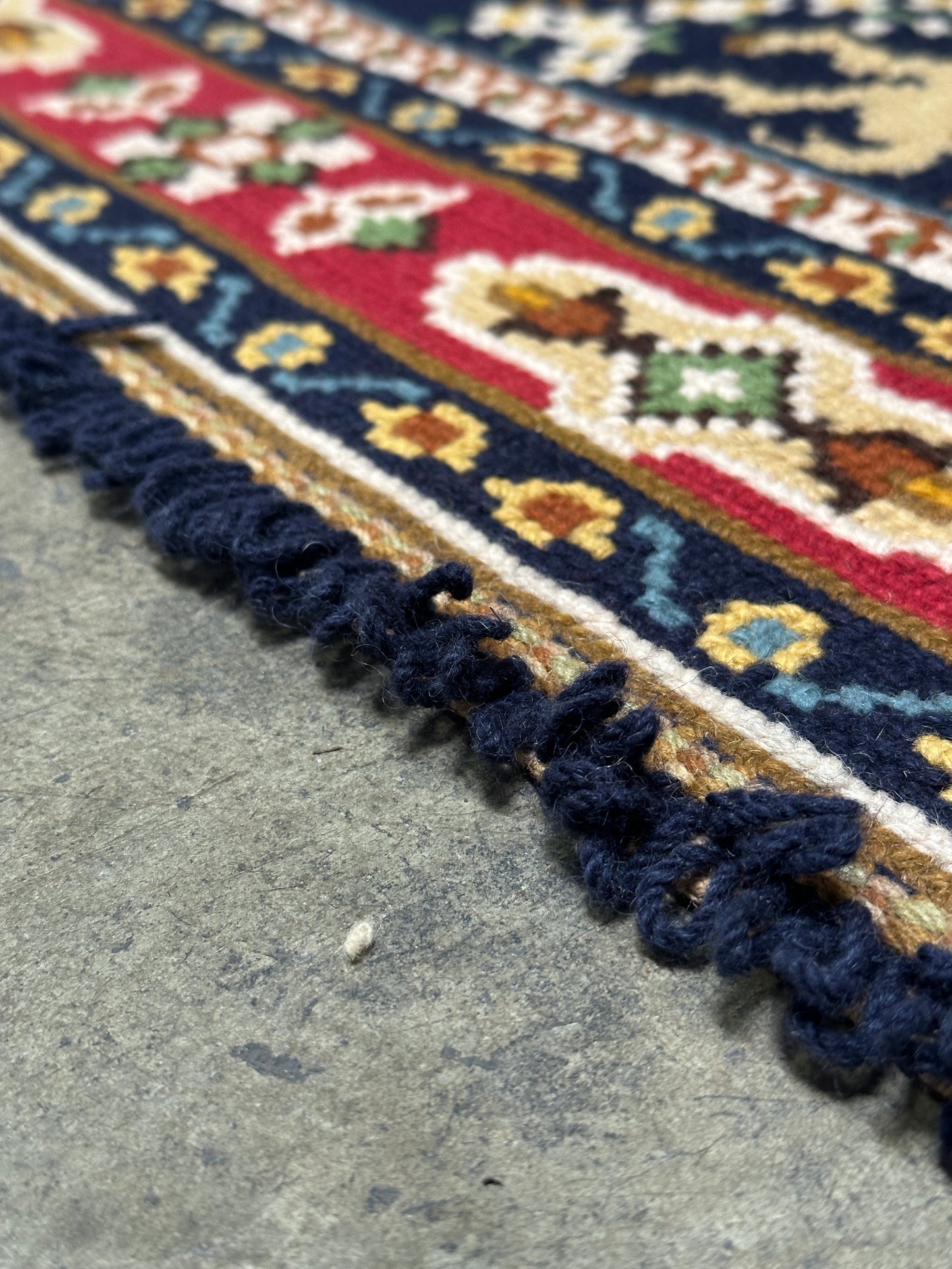 Antique Needlepoint Wool Rug, Figural & Floral, Navy & Red