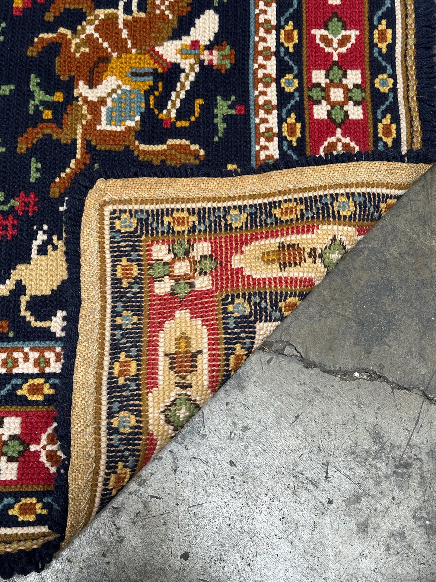 Antique Needlepoint Wool Rug, Figural & Floral, Navy & Red