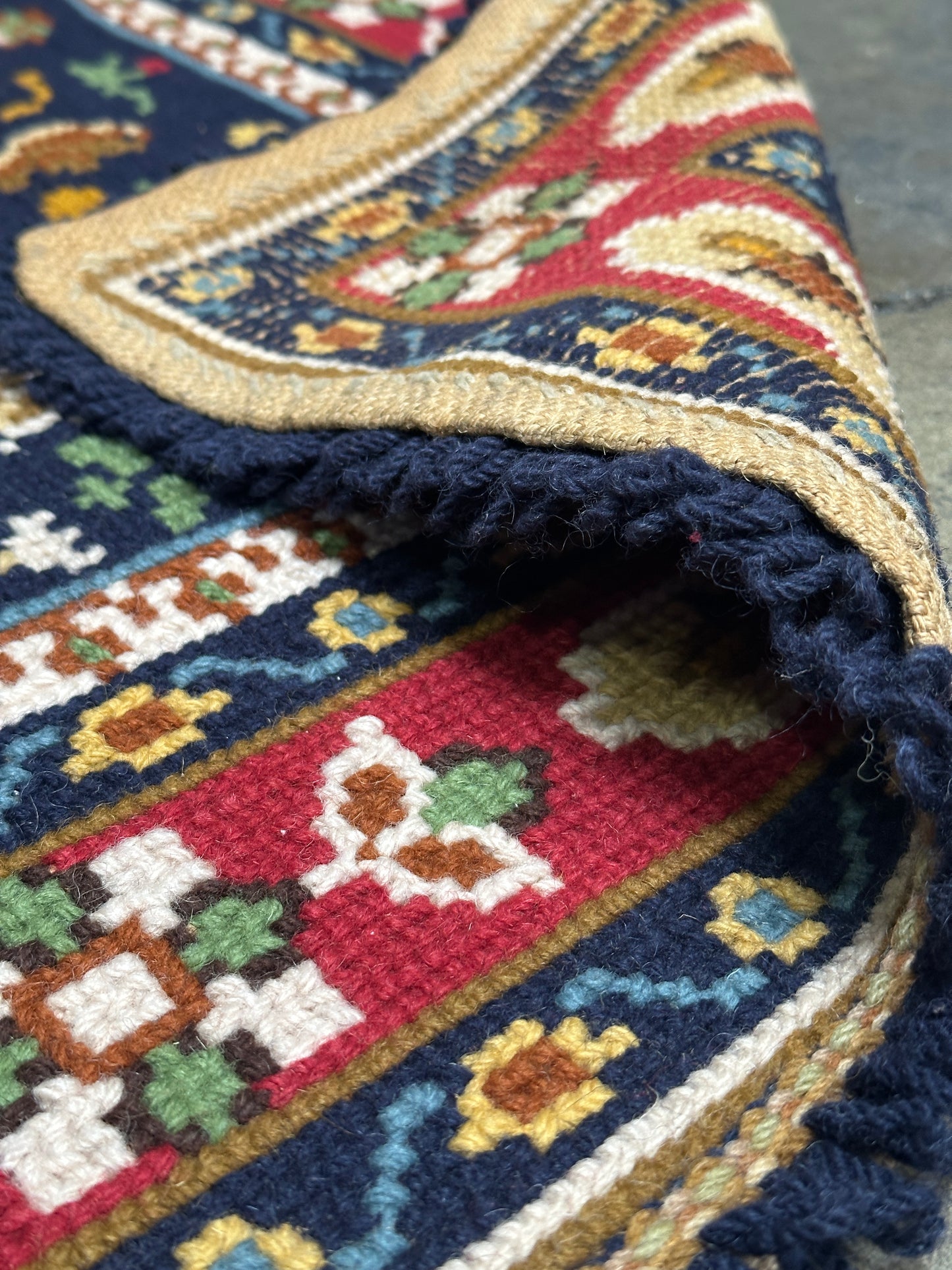 Antique Needlepoint Wool Rug, Figural & Floral, Navy & Red