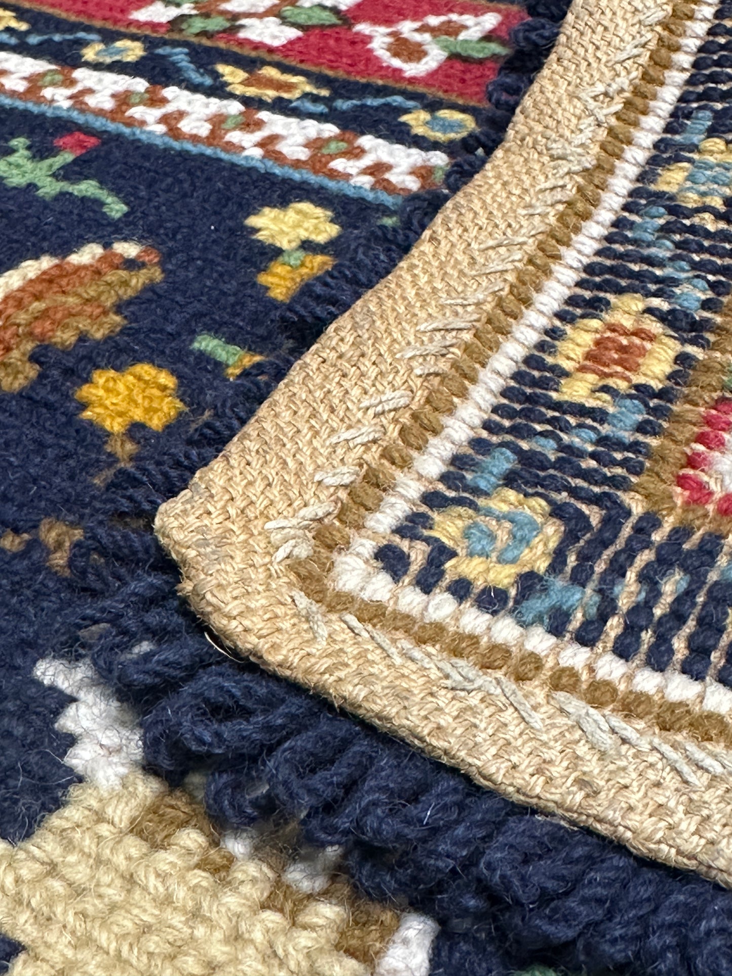 Antique Needlepoint Wool Rug, Figural & Floral, Navy & Red