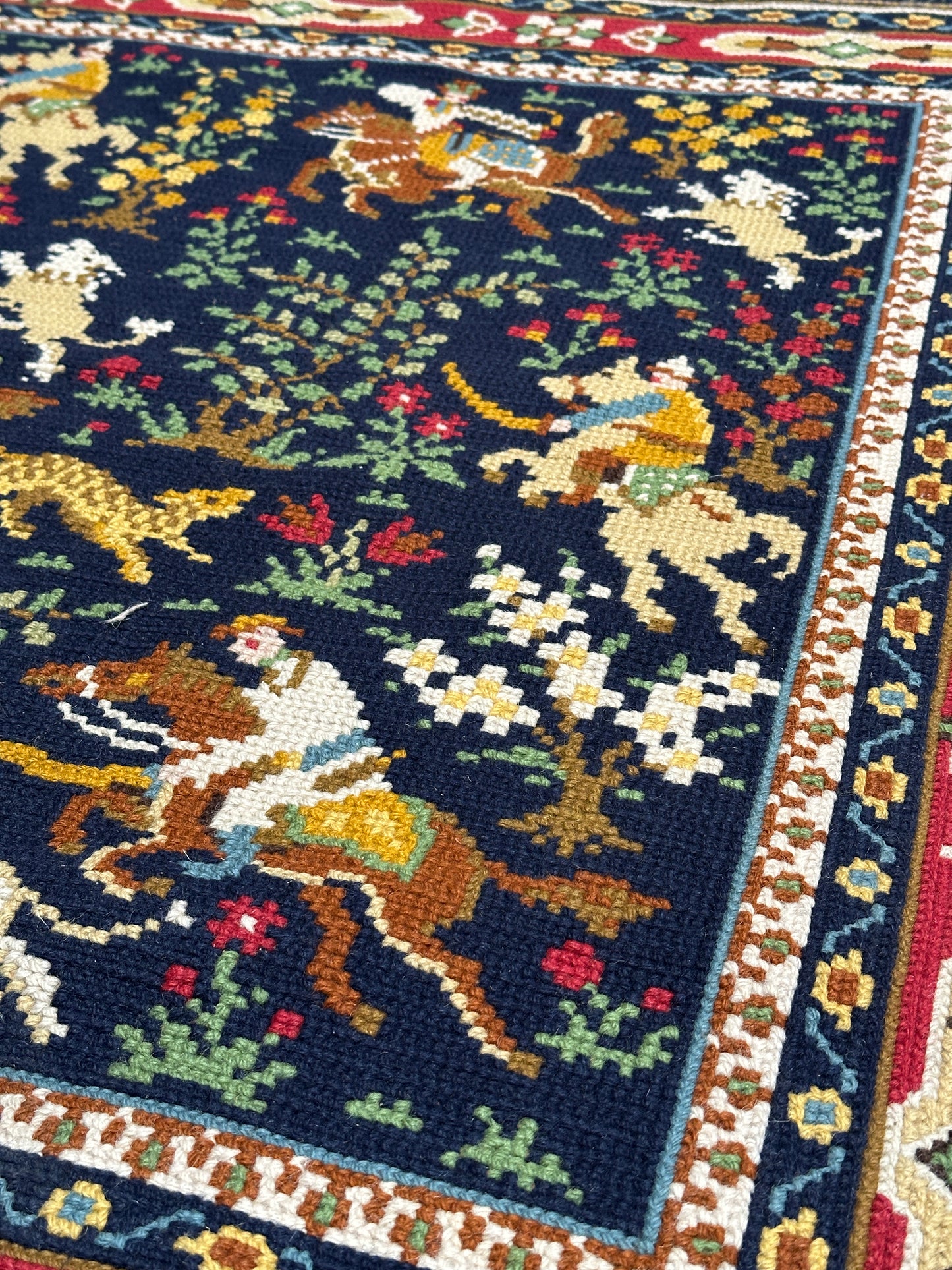 Antique Needlepoint Wool Rug, Figural & Floral, Navy & Red