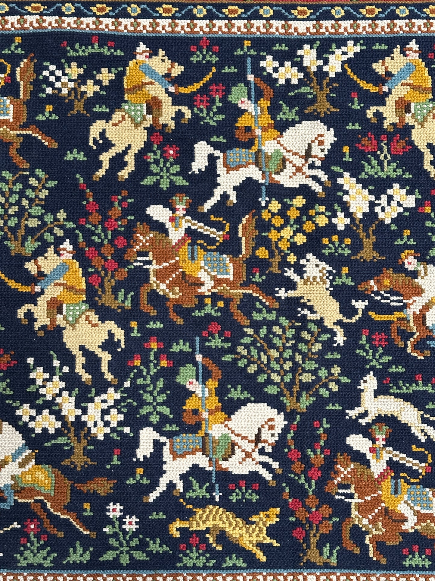 Antique Needlepoint Wool Rug, Figural & Floral, Navy & Red