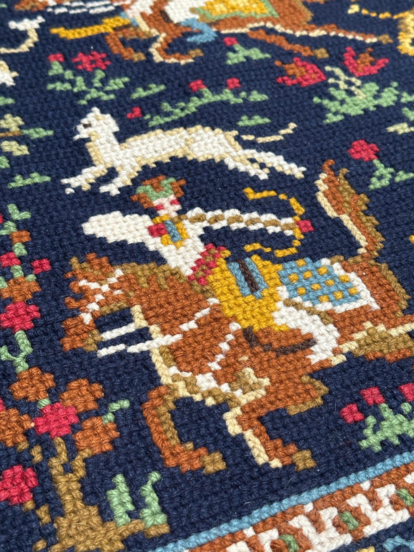 Antique Needlepoint Wool Rug, Figural & Floral, Navy & Red