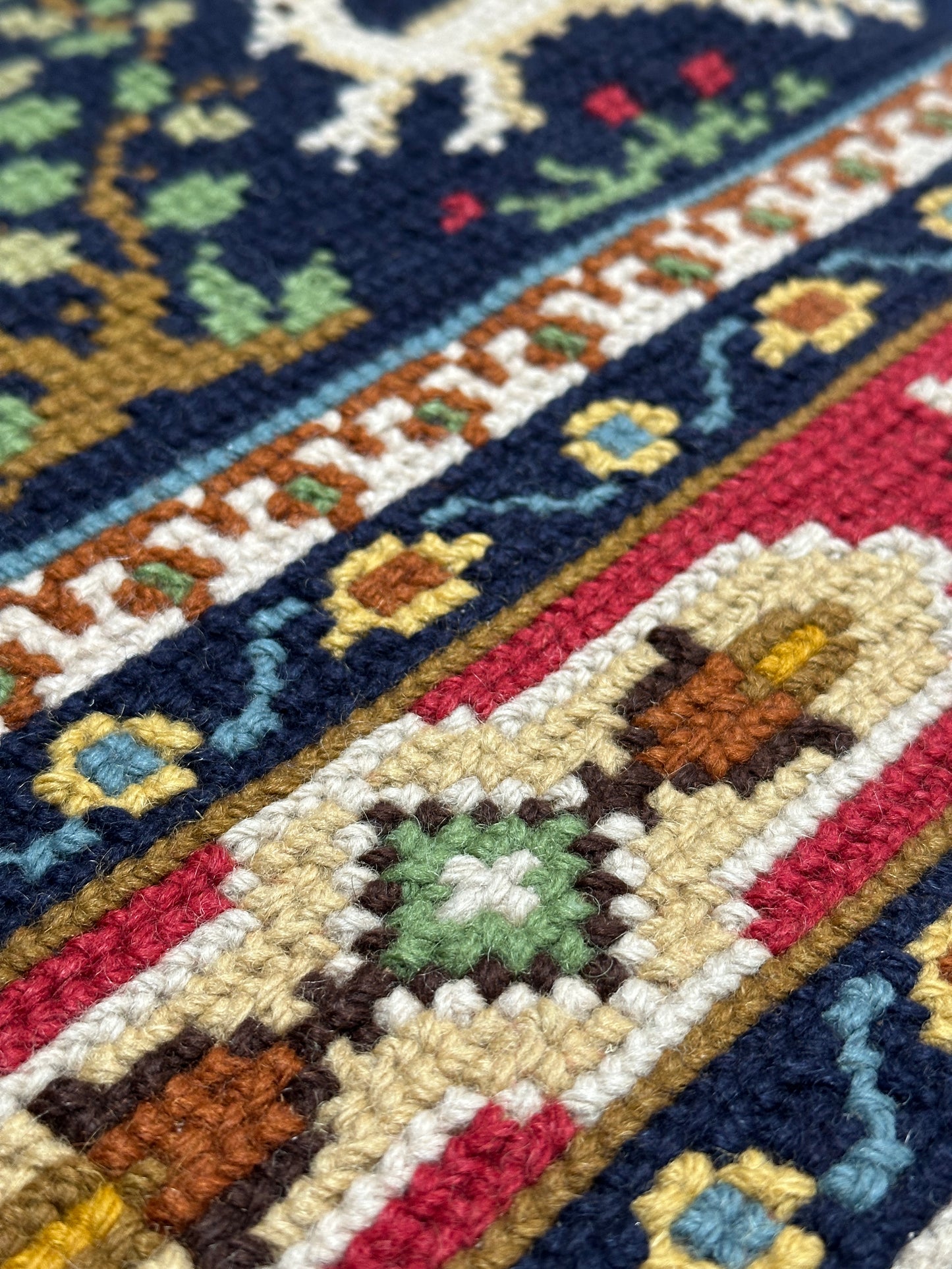 Antique Needlepoint Wool Rug, Figural & Floral, Navy & Red