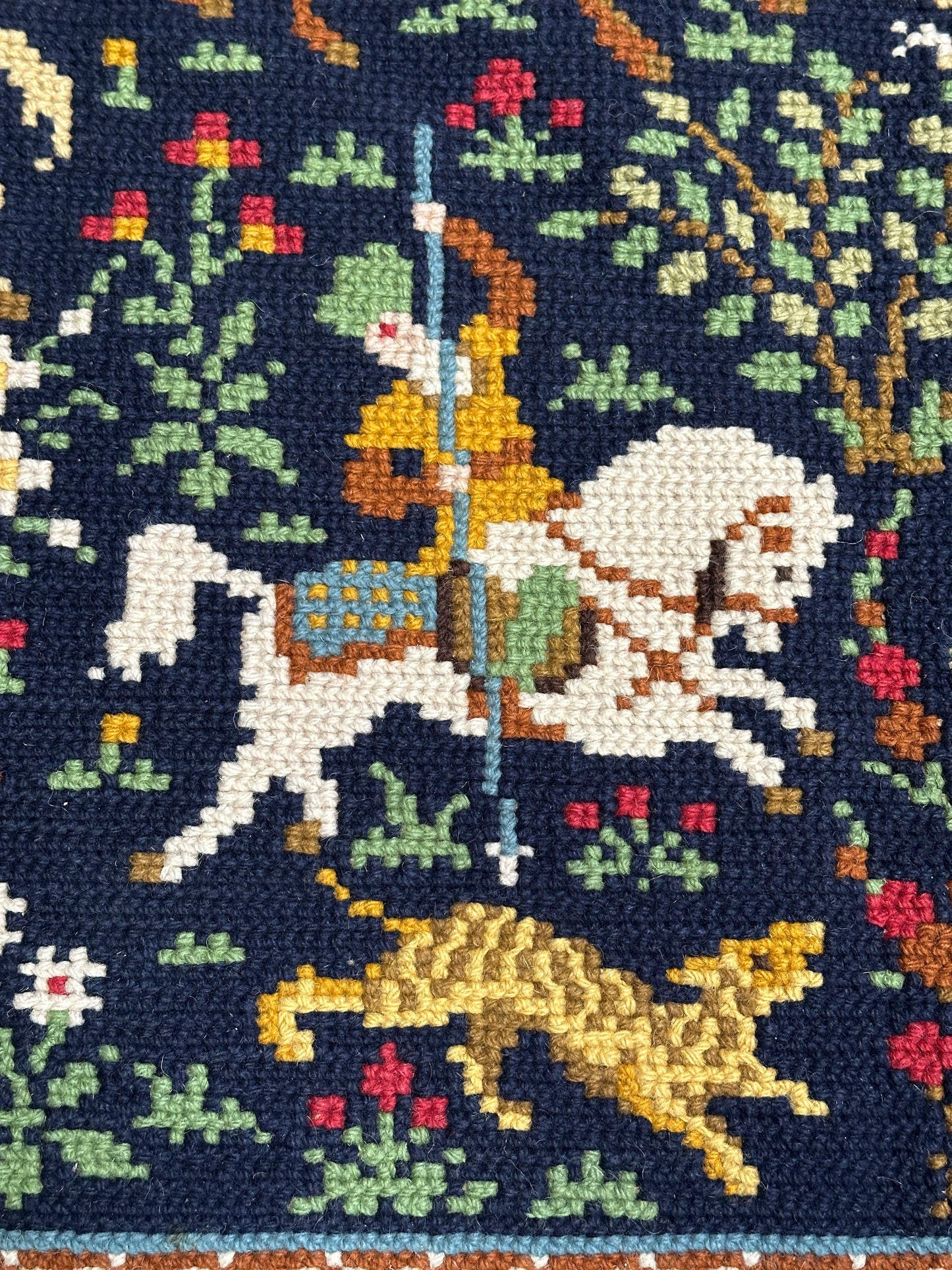 Antique Needlepoint Wool Rug, Figural & Floral, Navy & Red