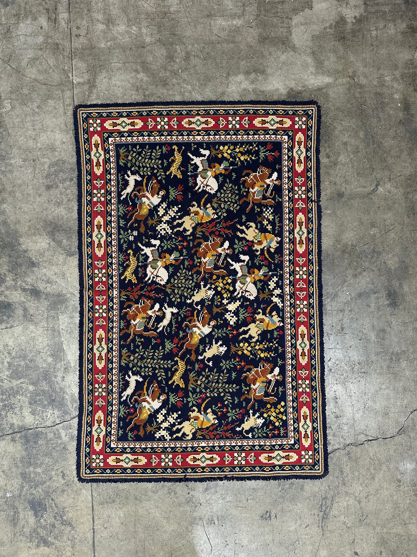 Antique Needlepoint Wool Rug, Figural & Floral, Navy & Red