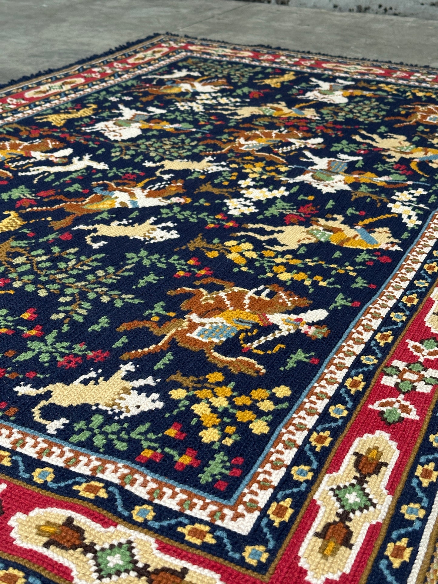Antique Needlepoint Wool Rug, Figural & Floral, Navy & Red