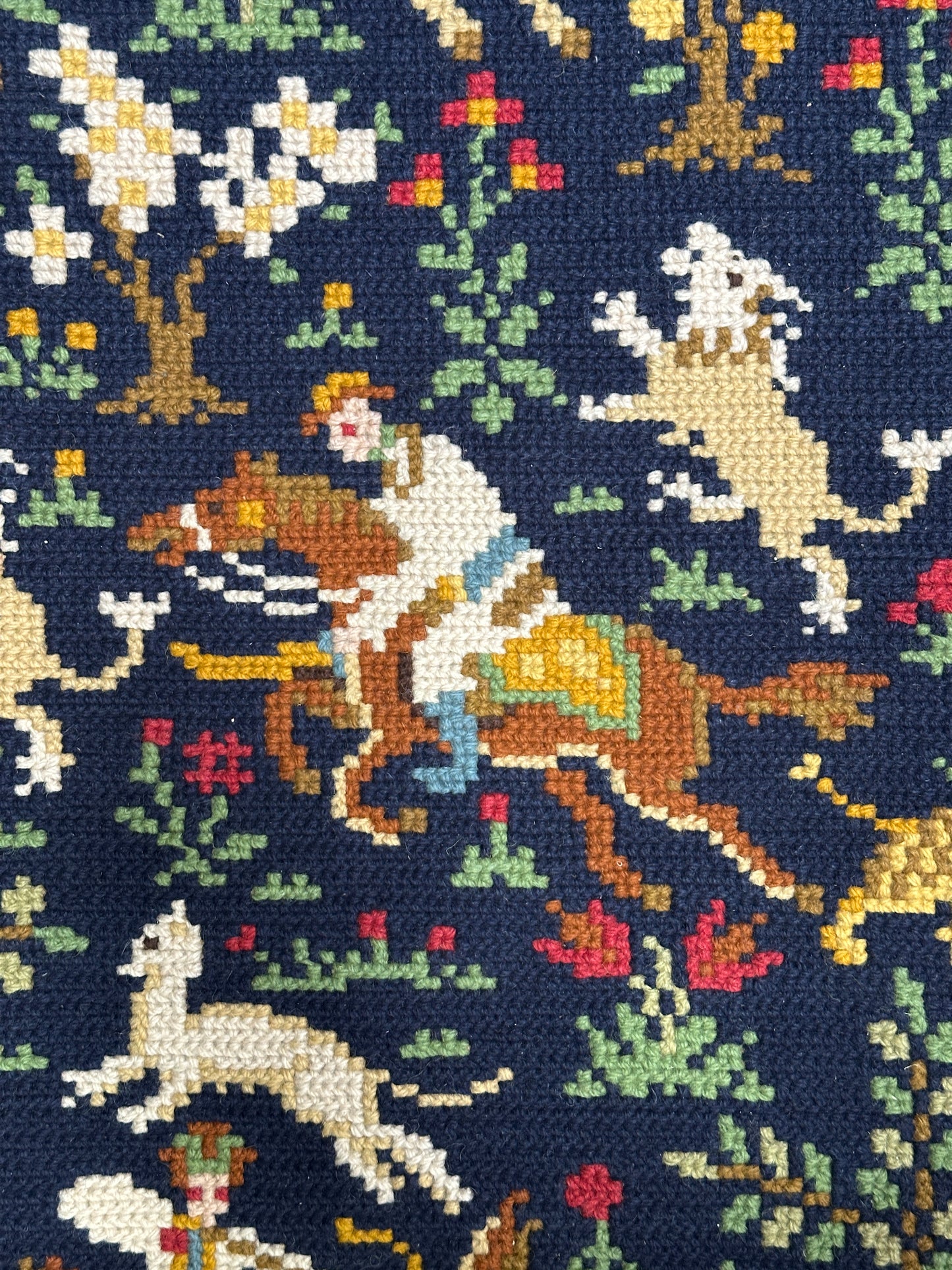 Antique Needlepoint Wool Rug, Figural & Floral, Navy & Red