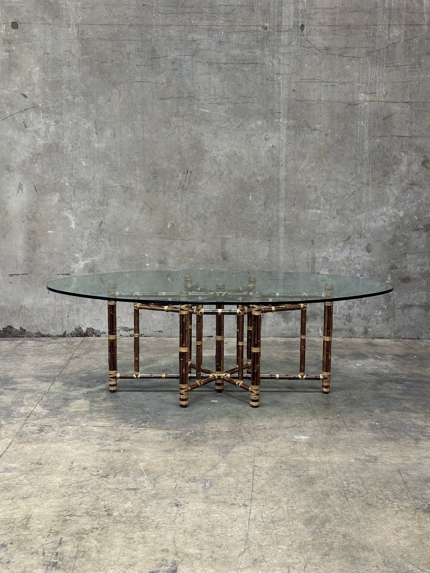 McGuire Bamboo & Rattan Dining Table, Rawhide-Lashed, Oval Glass Top, 87in